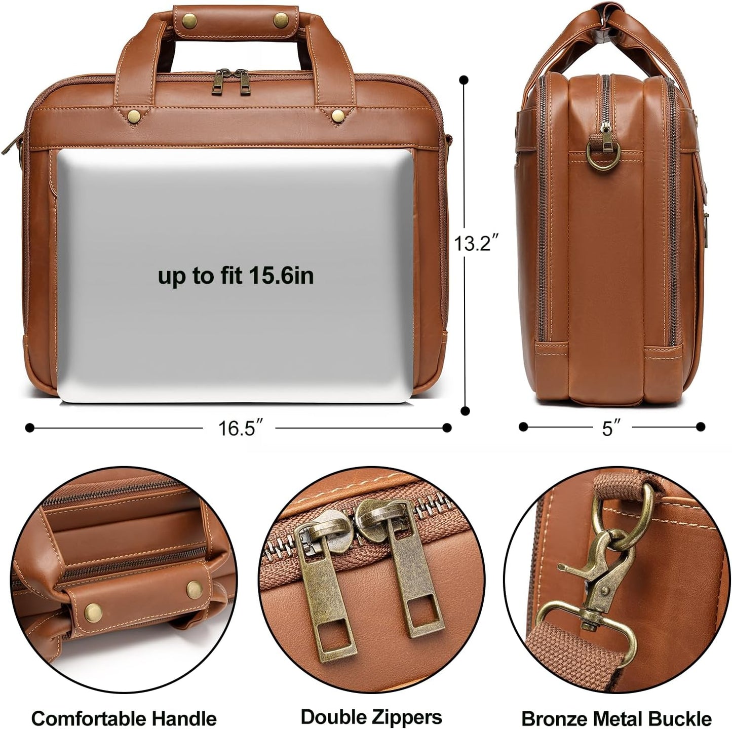 Bosidu Leather Briefcases for Men 15.6 Inch Laptop Messenger Bag with Triple Compartments Water-Resistant Computer Shoulder Bag for Business, Travel, Work, Office, Coffee