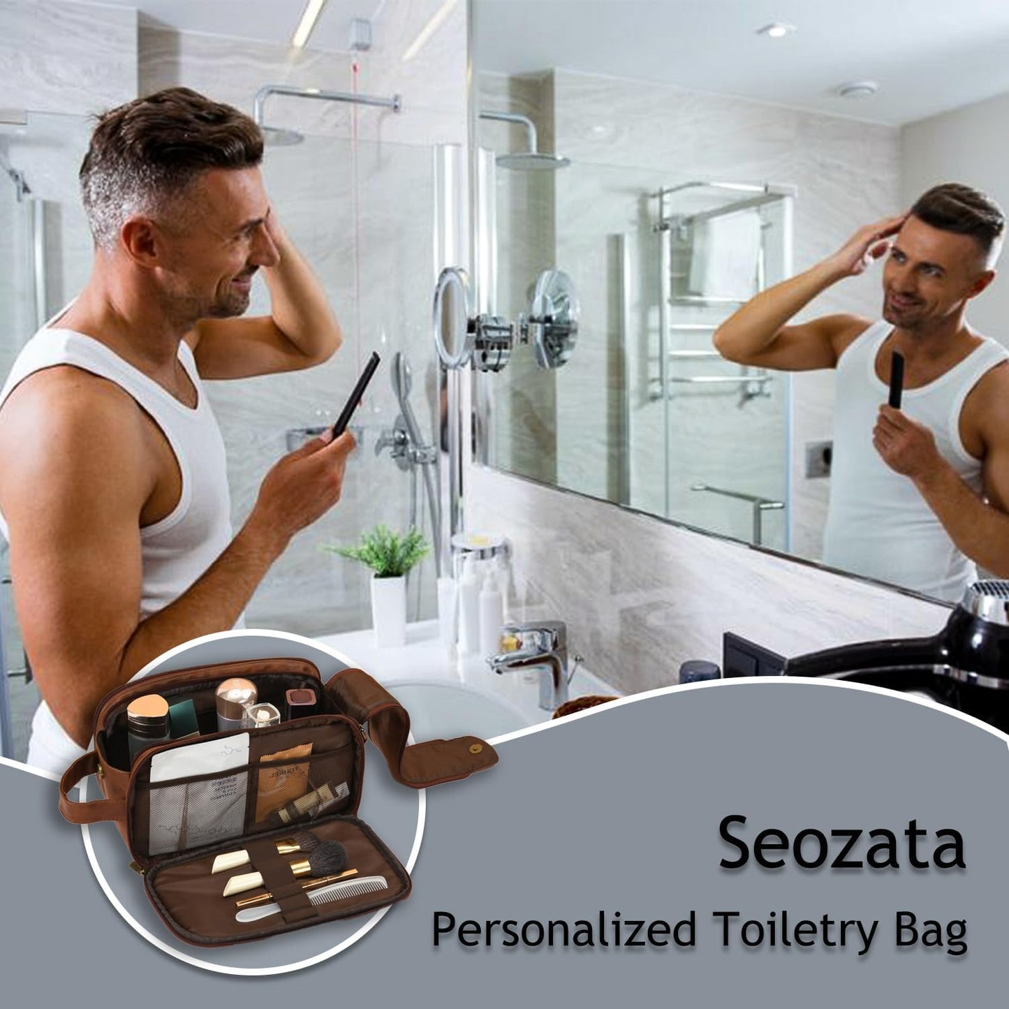 Personalized Toiletry Bag for Men, Large Capacity Custom Name Initials PU Leather Dopp Kit, Groomsmen Gift, Customized Travel Monogrammed Travel Shaving Bag, Handcrafted for Dad, Husband, Grandpa