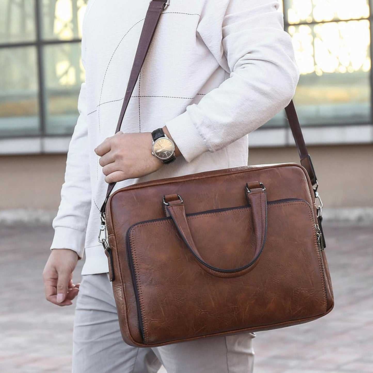 Mens Laptop Bag 16.1 Inch Waterproof Vintage Leather Briefcase Computer Messenger Handbags Shoulder Bag (Khaki)
