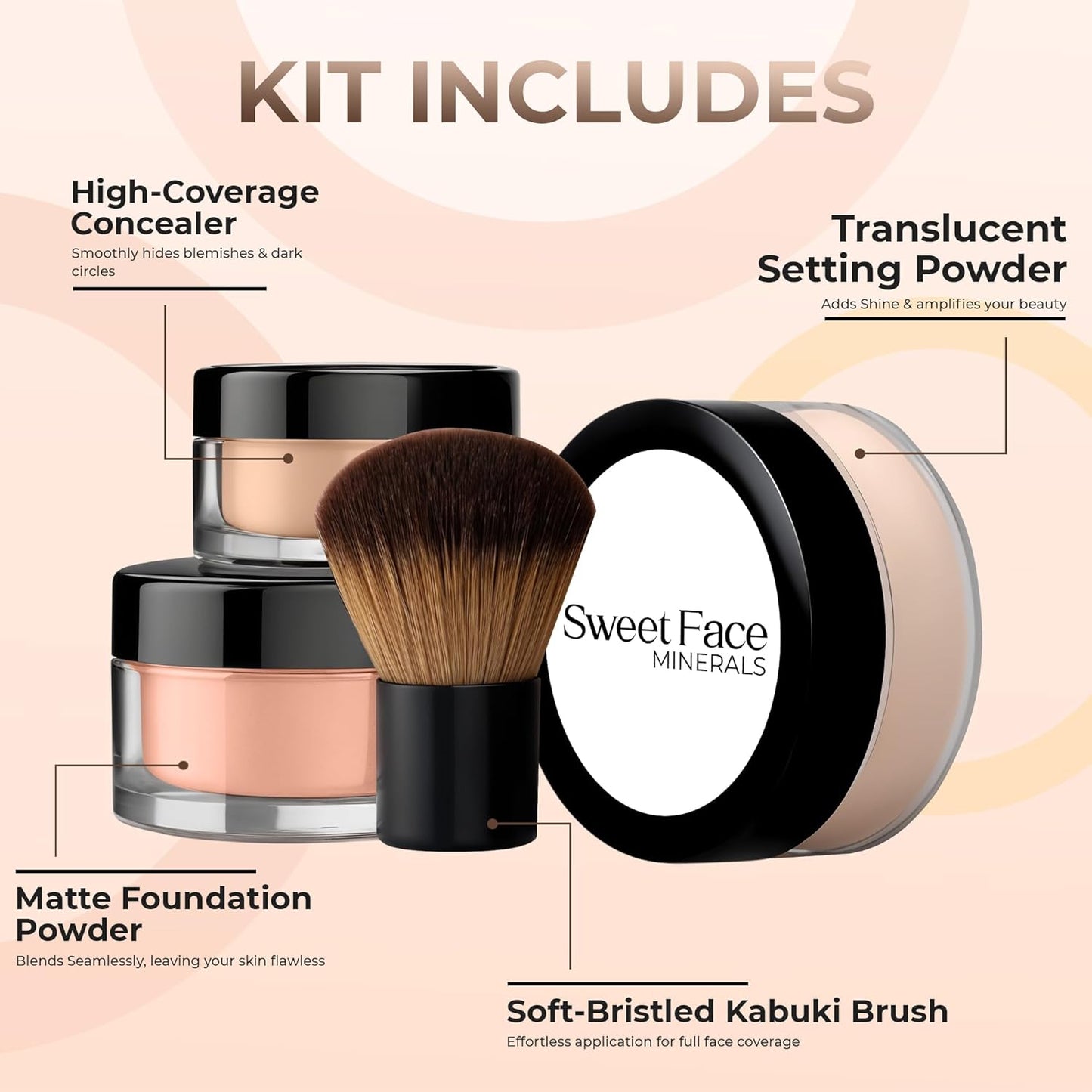 4pc Full Size Kit (Pink Bisque) Mineral Makeup Matte Translucent Loose Foundation + Kabuki Brush +