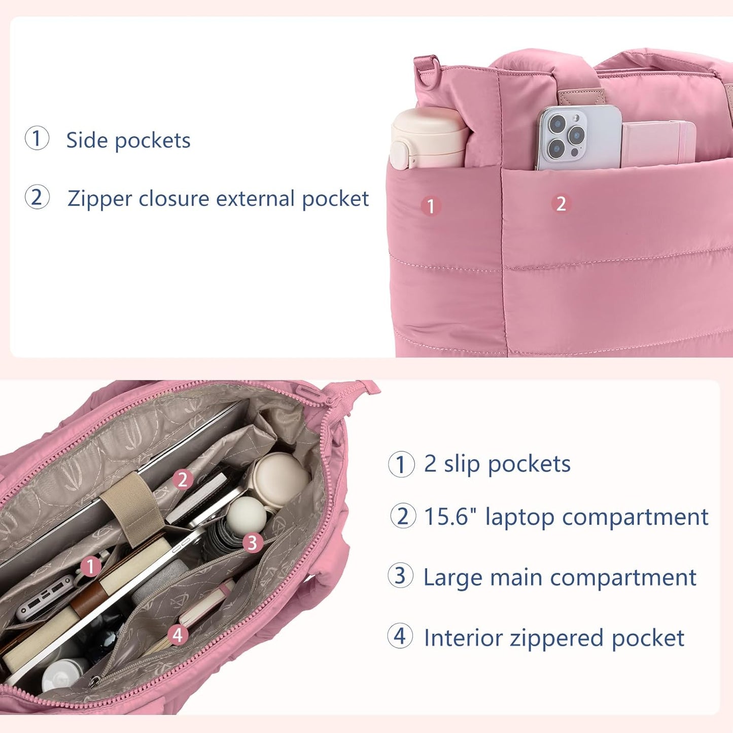 Tote Bag for Women Puffer Tote Bag Large Nurse Bags Shoulder Handbag with Zipper for Work Travel