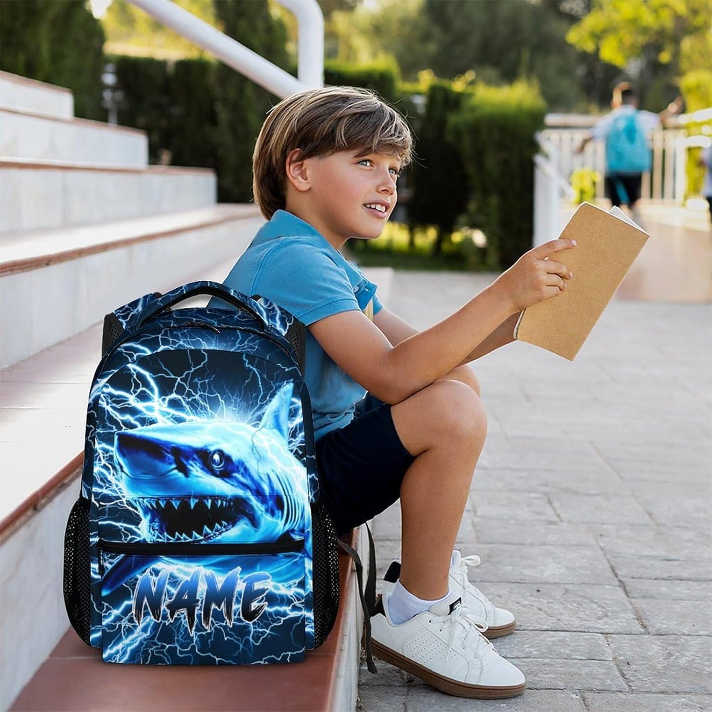 Shark Backpack for Kids Boys - 17 Inch Custom Backpacks with Name for Kindergarten Primary Elementary Senior Middle - Cool Durable Personalized Lightning Bookbag