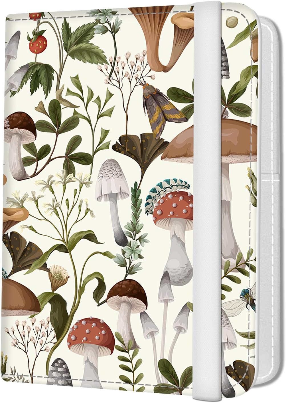 Passport Holder for Travel Essentials, Leather RFID Blocking Passport Wallet Cover Case, Cute Passport Book Holders for Women and Men Boho White Mushrooms