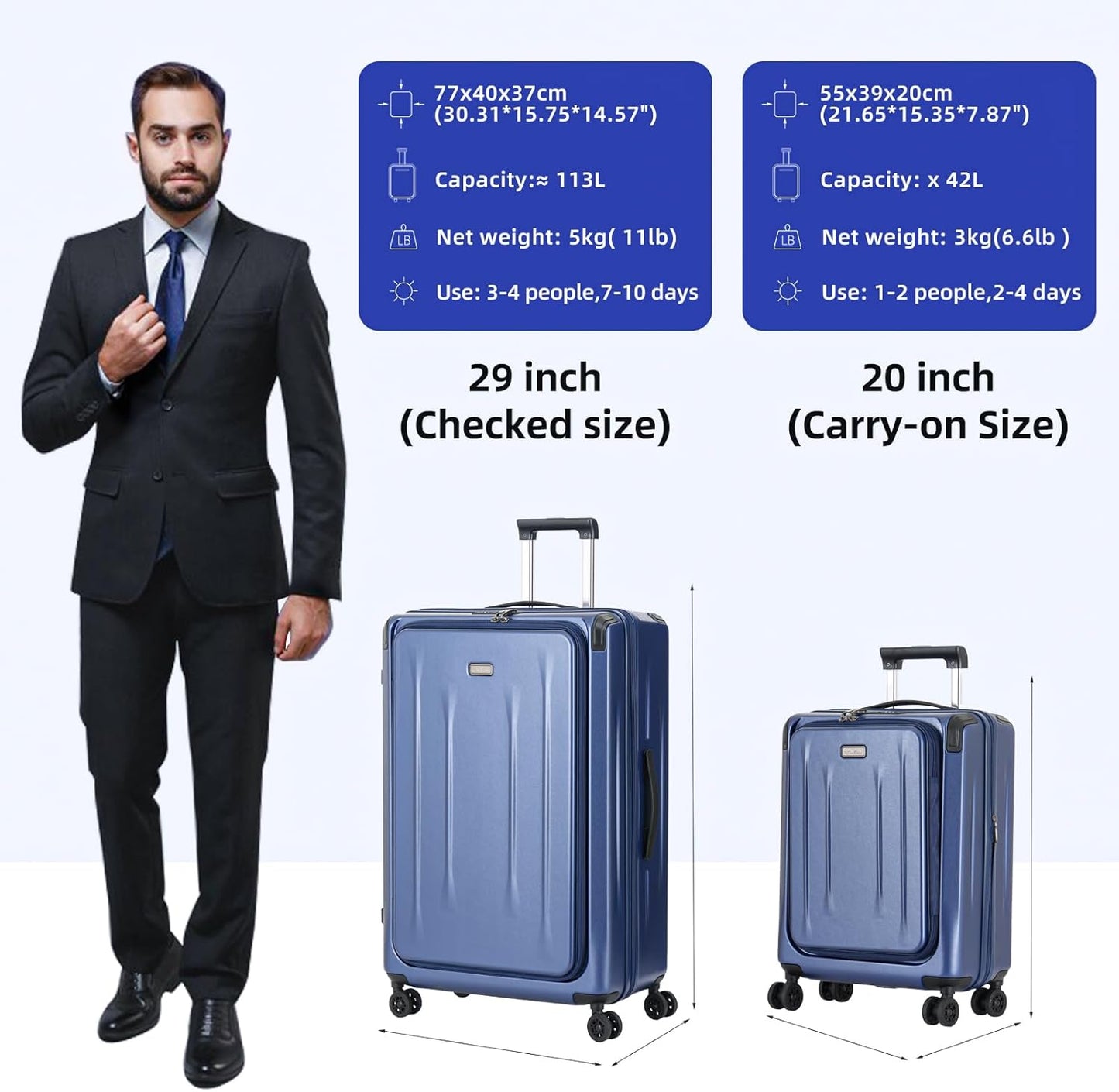 Carry On Luggage, 20 Inch Top Opening Aluminum Frame Lightweight Airline Approved ABS+PC Hard Shell Suitcases with Silent Wheels, TSA Lock, Front Pocket & Wet-dry Separated Six-piece Set (Dark Blue)