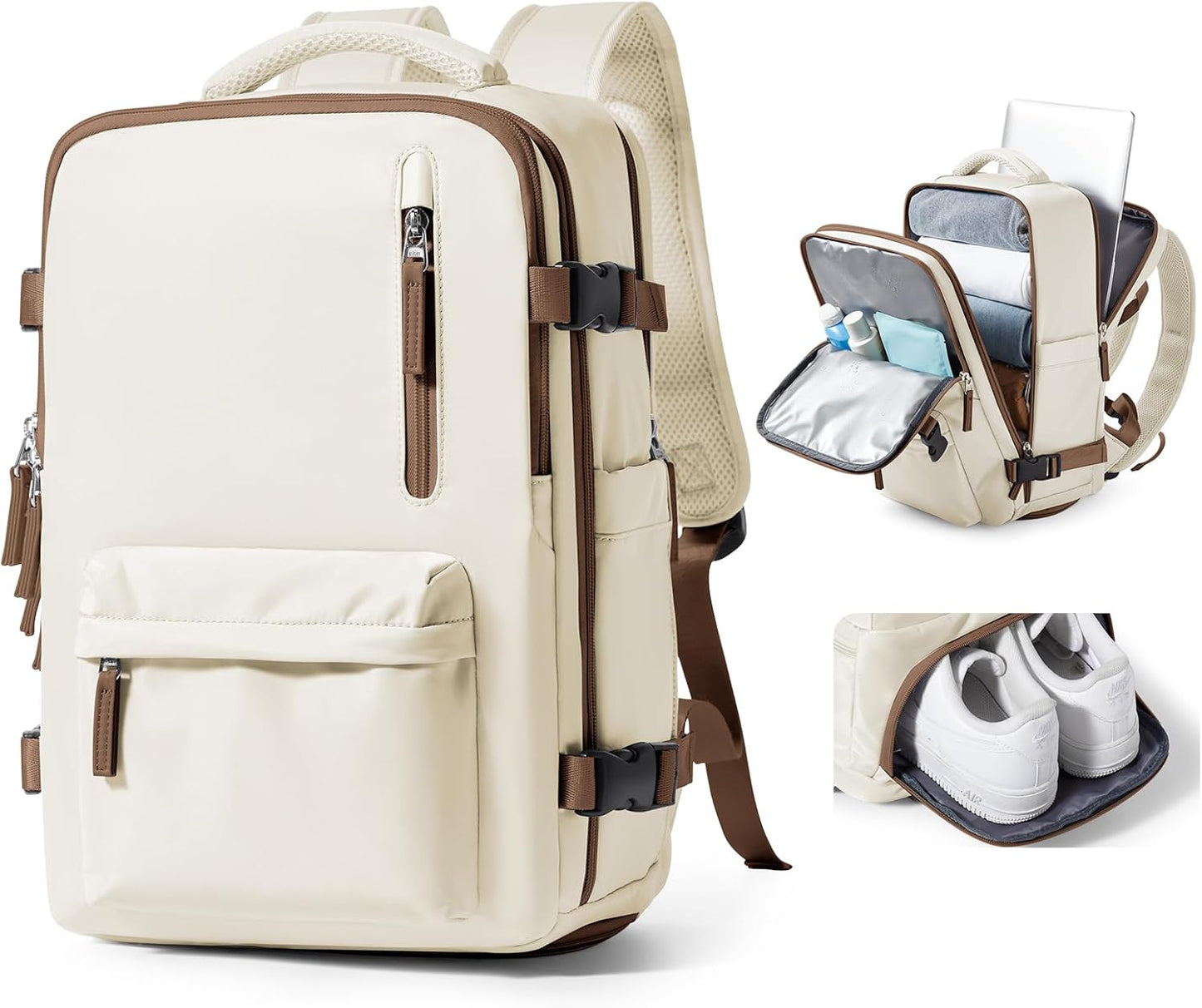 Large Travel Backpack Bag for Women Men,Carry on Backpack,17 Inch Laptop Business Work Waterproof Backpack with Laptop Compartment,Person Item Flight Approved,Mochila de Viaje,Beige with Brown Large