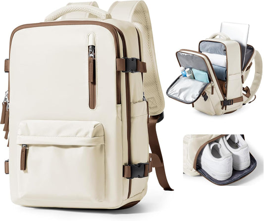 Large Travel Backpack Bag for Women Men,Carry on Backpack,17 Inch Laptop Business Work Waterproof Backpack with Laptop Compartment,Person Item Flight Approved,Mochila de Viaje,Beige with Brown Large
