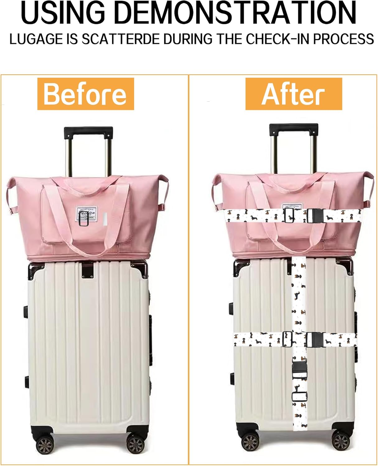 Luggage Straps for Suitcases, Adjustable Travel Belt, Durable Wide Luggage Strap, Cute Suitcase Strap Identifiers with Buckle, Bag Straps for Luggage, Cute Dogs