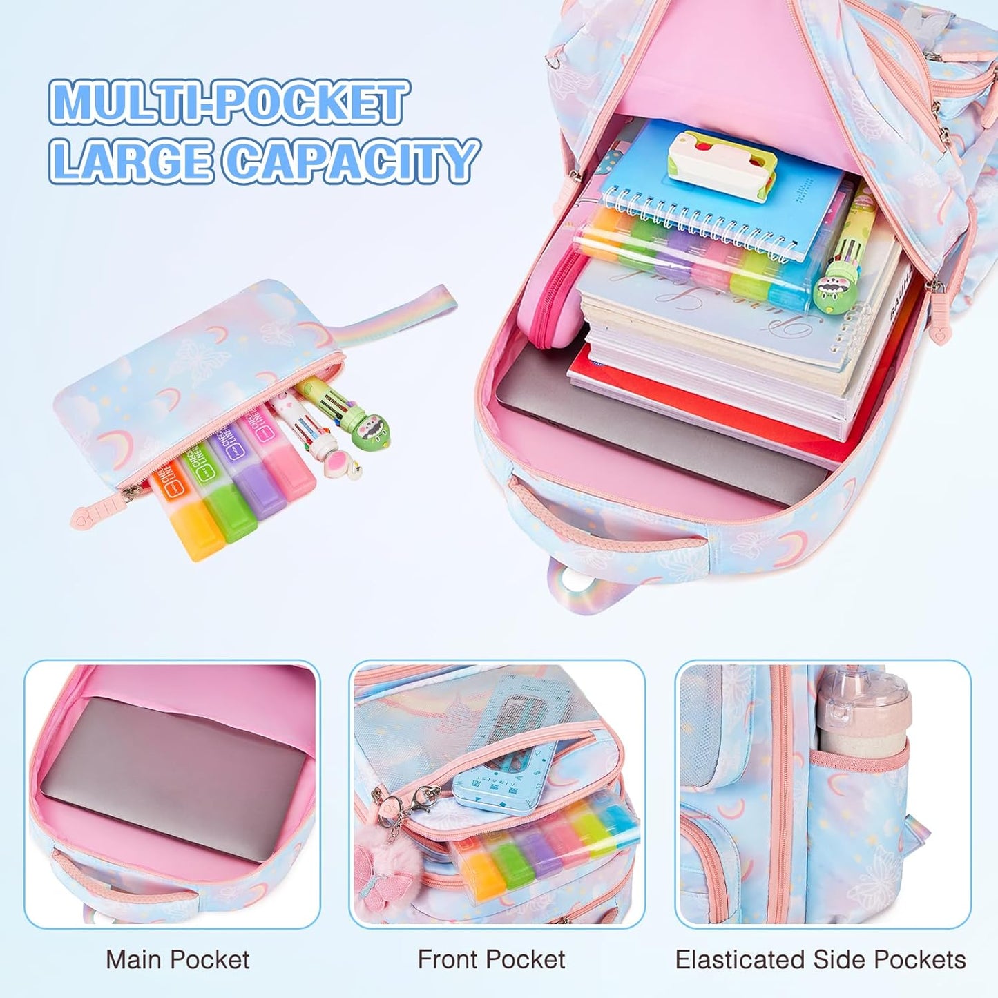 Backpack for Girls, Rainbow Butterfly Girls Backpacks with Lunch Bag Pencil Case Set, Kids Backpack