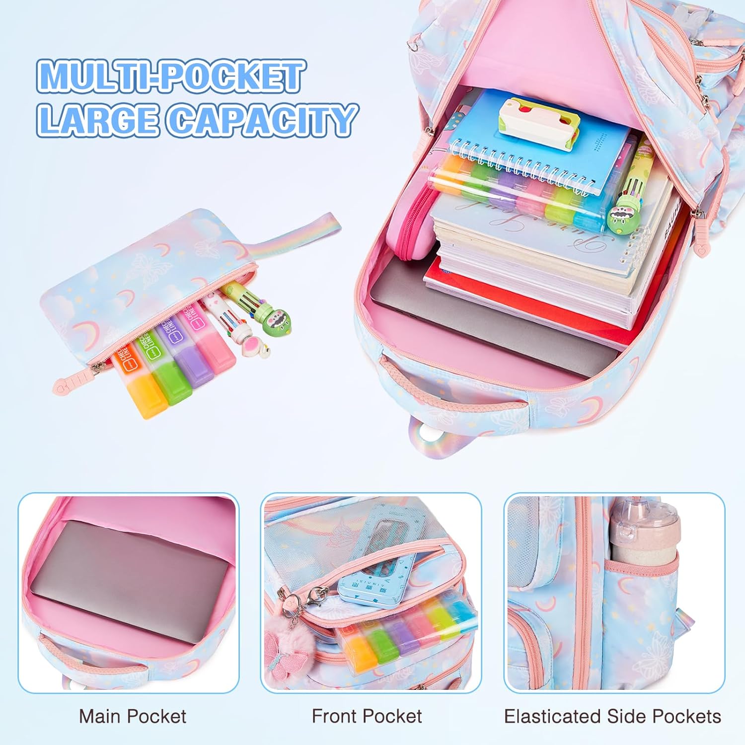 Backpack for Girls, Rainbow Butterfly Girls Backpacks with Lunch Bag Pencil Case Set, Kids Backpack