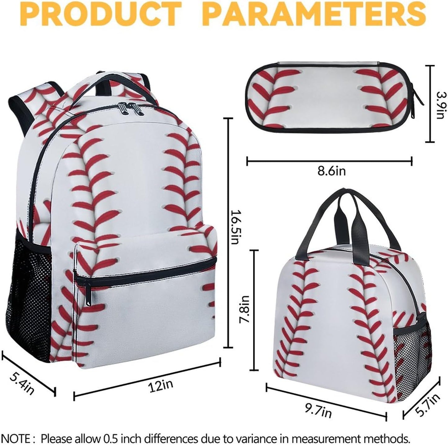 Baseball Backpack with Lunch Box Set for Boys, 3 in 1 School Backpacks Matching Combo, Sports White Bookbag and Pencil Case Bundle
