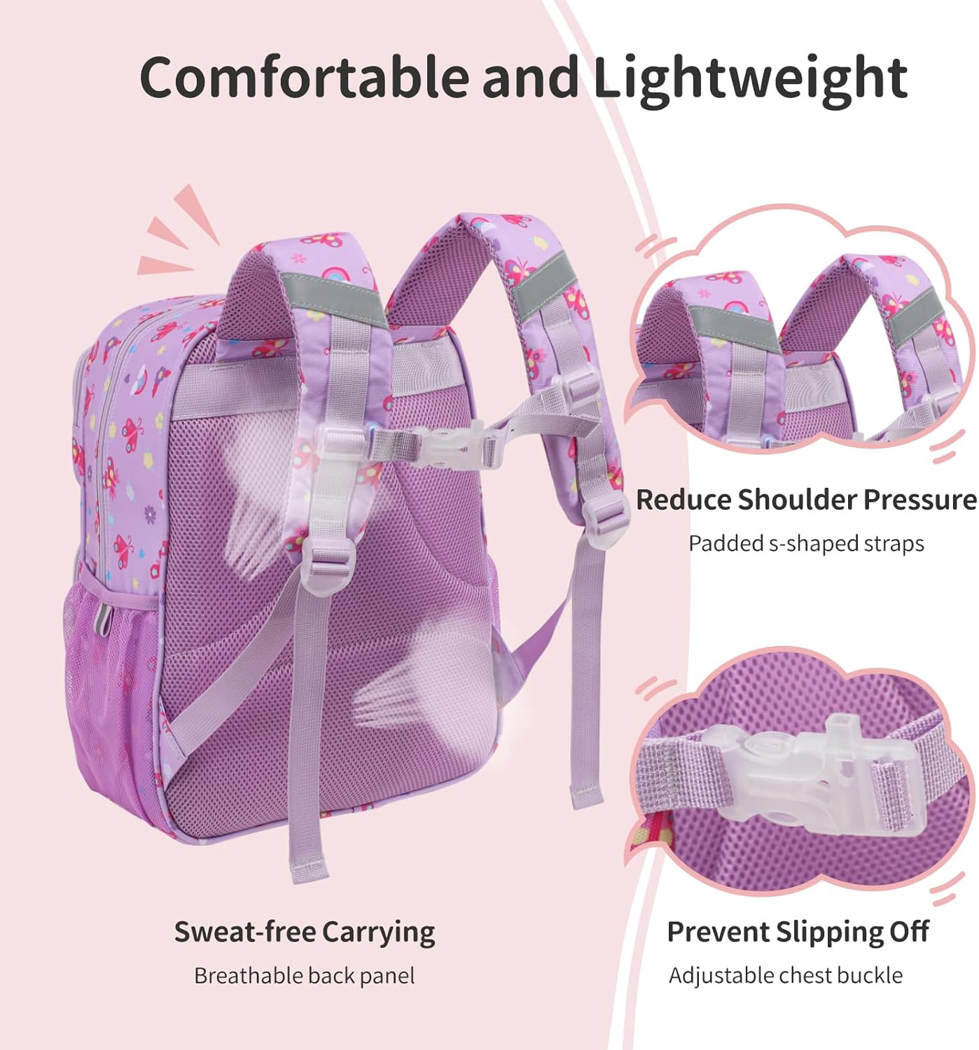 Kids Backpack for Girls - 15 Inch Backpack for Kids 3 to 8, Lightweight Bookbag for Preschool Kindergarten Elementary School, Insulated Pocket, Safe Reflective Stripe, Purple Butterfly