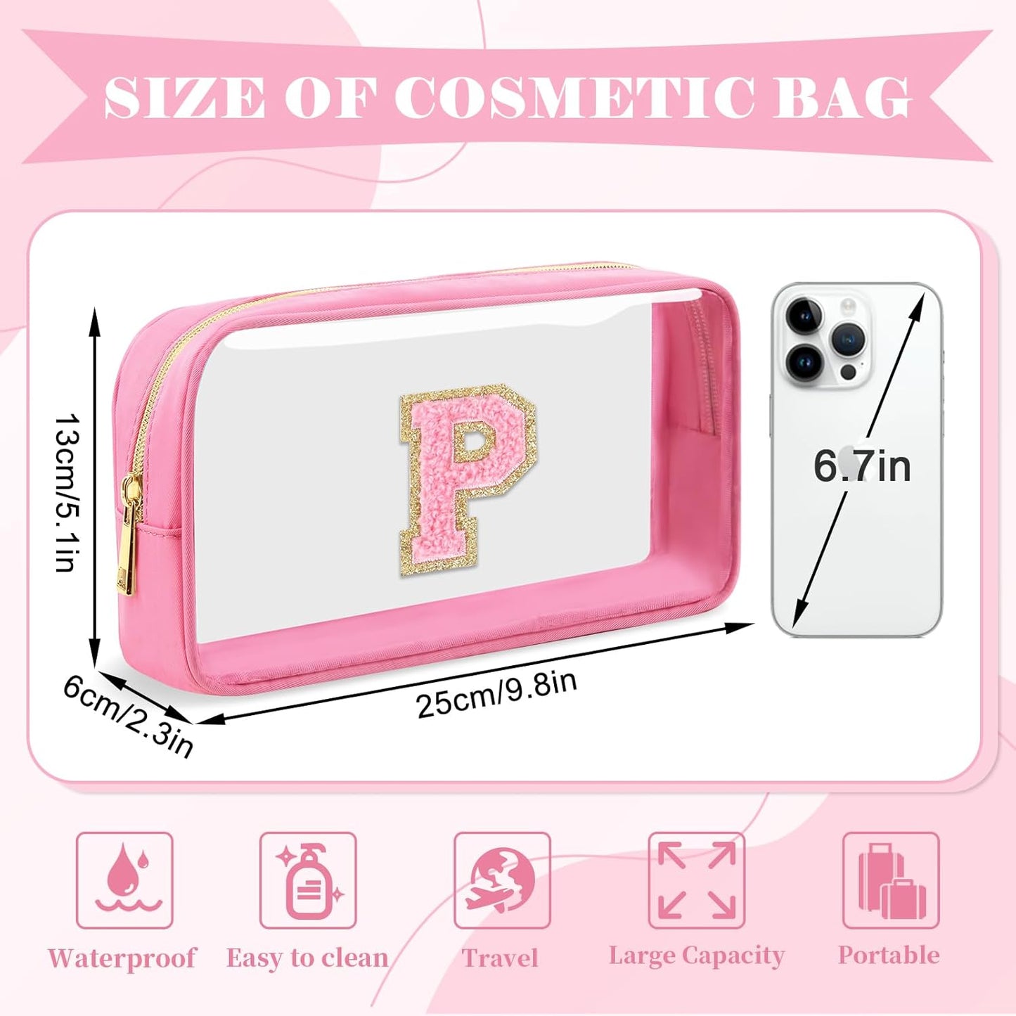 Personalized Initial Letter Clear Makeup Bag,Preppy Small Nylon&PVC Cosmetic Zipper Bag with Chenille Letter,Portable Beach Travel Skincare Toiletry Bag,Trendy Monogram Gift for Teen Girls Women,P