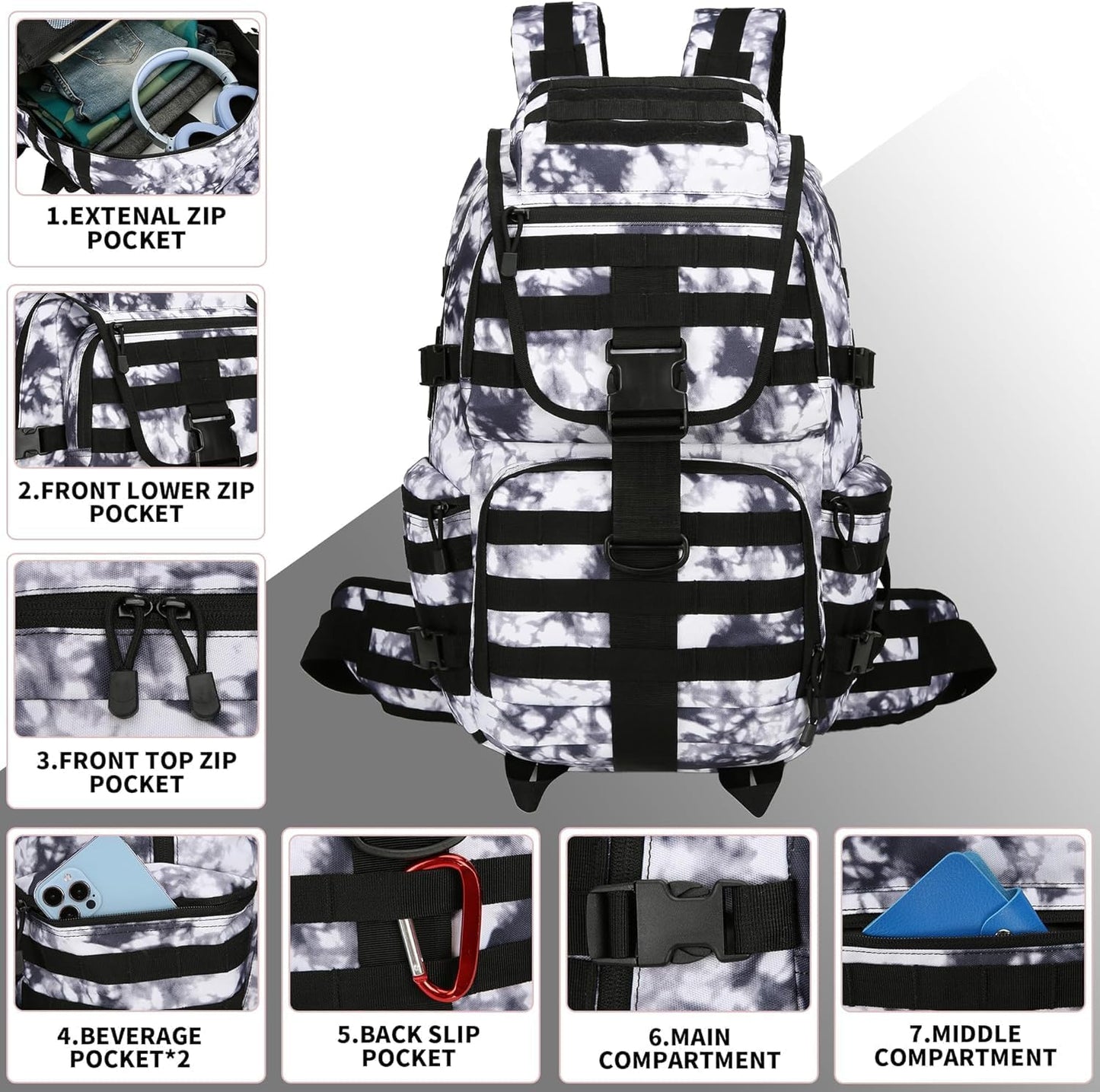 50L Military Tactical Backpack 3 Day Assault Pack Molle Daypack Hiking Backpack for Men and Women (Black white Tie-Dye)