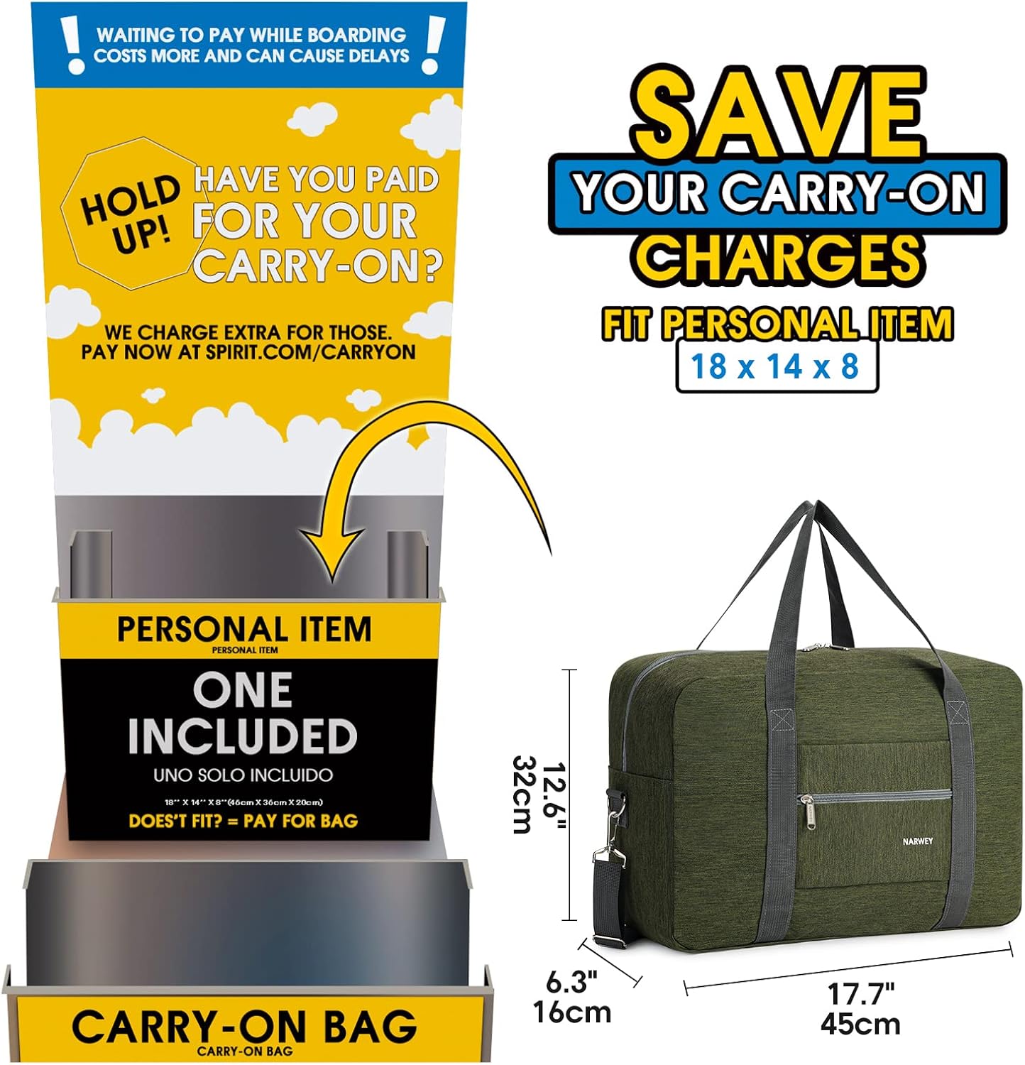For Spirit Airlines Personal Item Bag 18x14x8 Foldable Travel Duffel Bag Tote Carry on Luggage Duffle Overnight for Women and Men