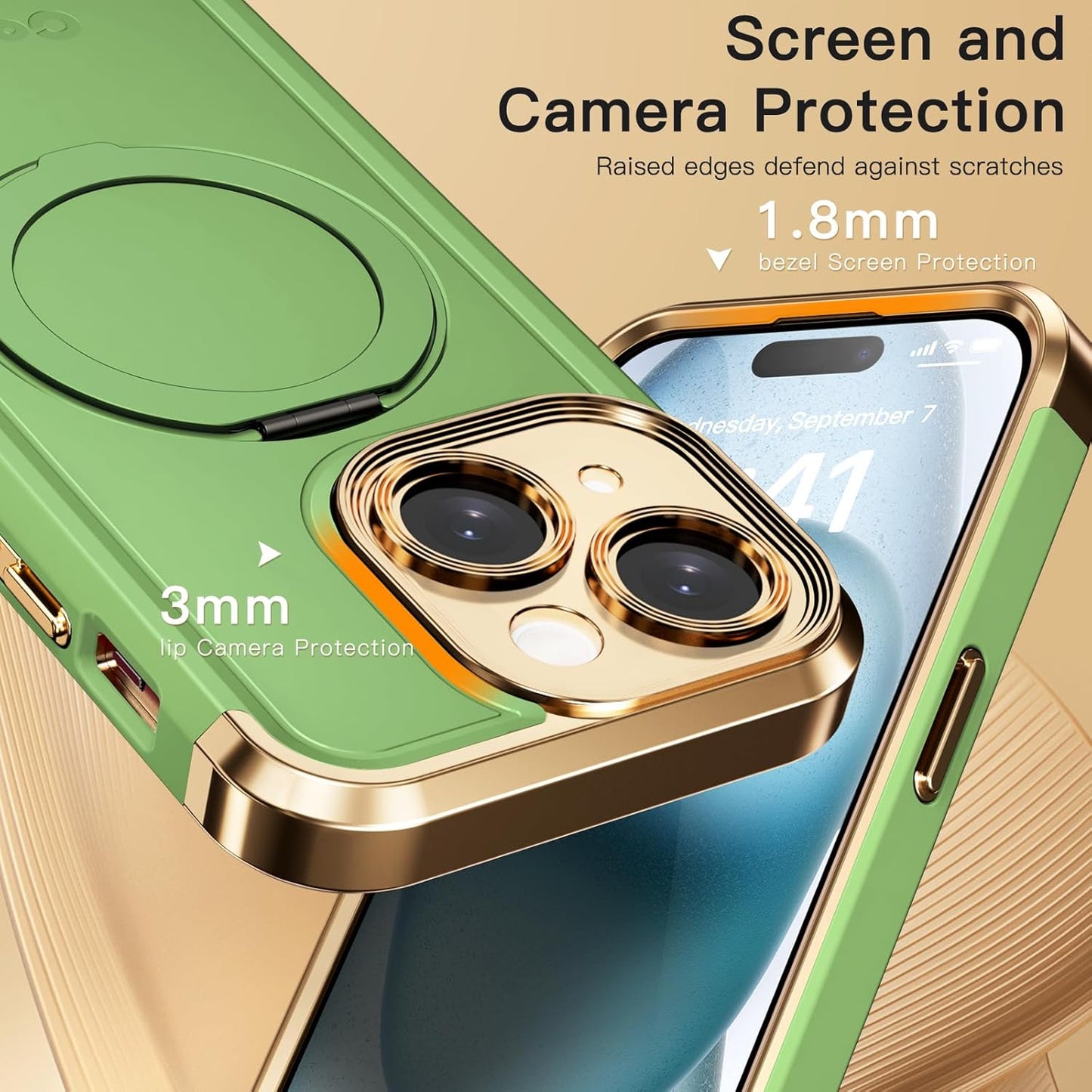 COOLQO for iPhone 13 Case 6.1'' Upgraded 360° Spin Magnetic Stand [Compatible with Magsafe][Military Protection] Plating Matte Scratch-Resistant Back Protective Shockproof Phone Case, Matcha Gold