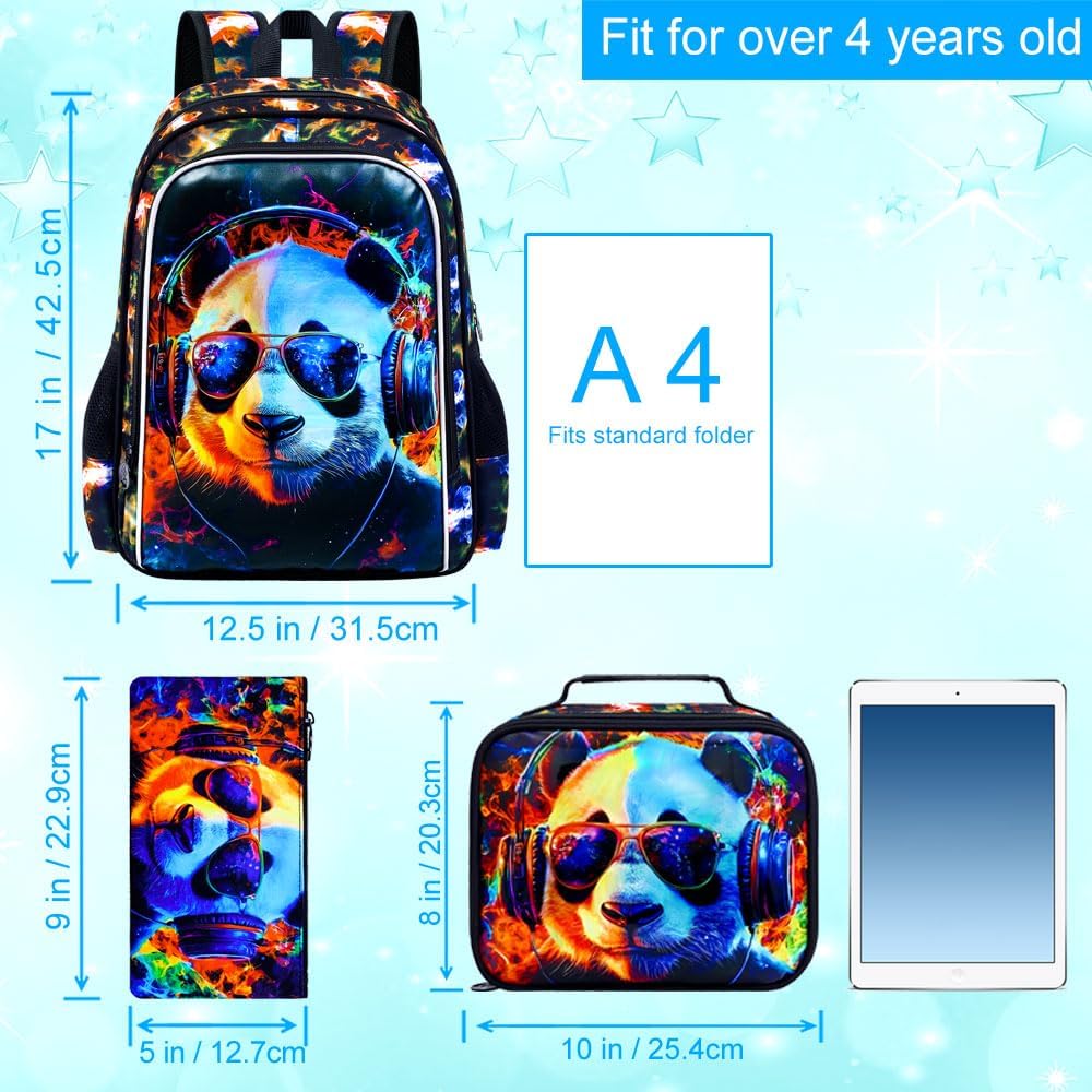 3PCS Panda Bookbag for Boys, Water Resistant Kids Backpack with Lunch Box, 17" School Bag Set for Teenagers Middle Elementary - Sunglasses Panda