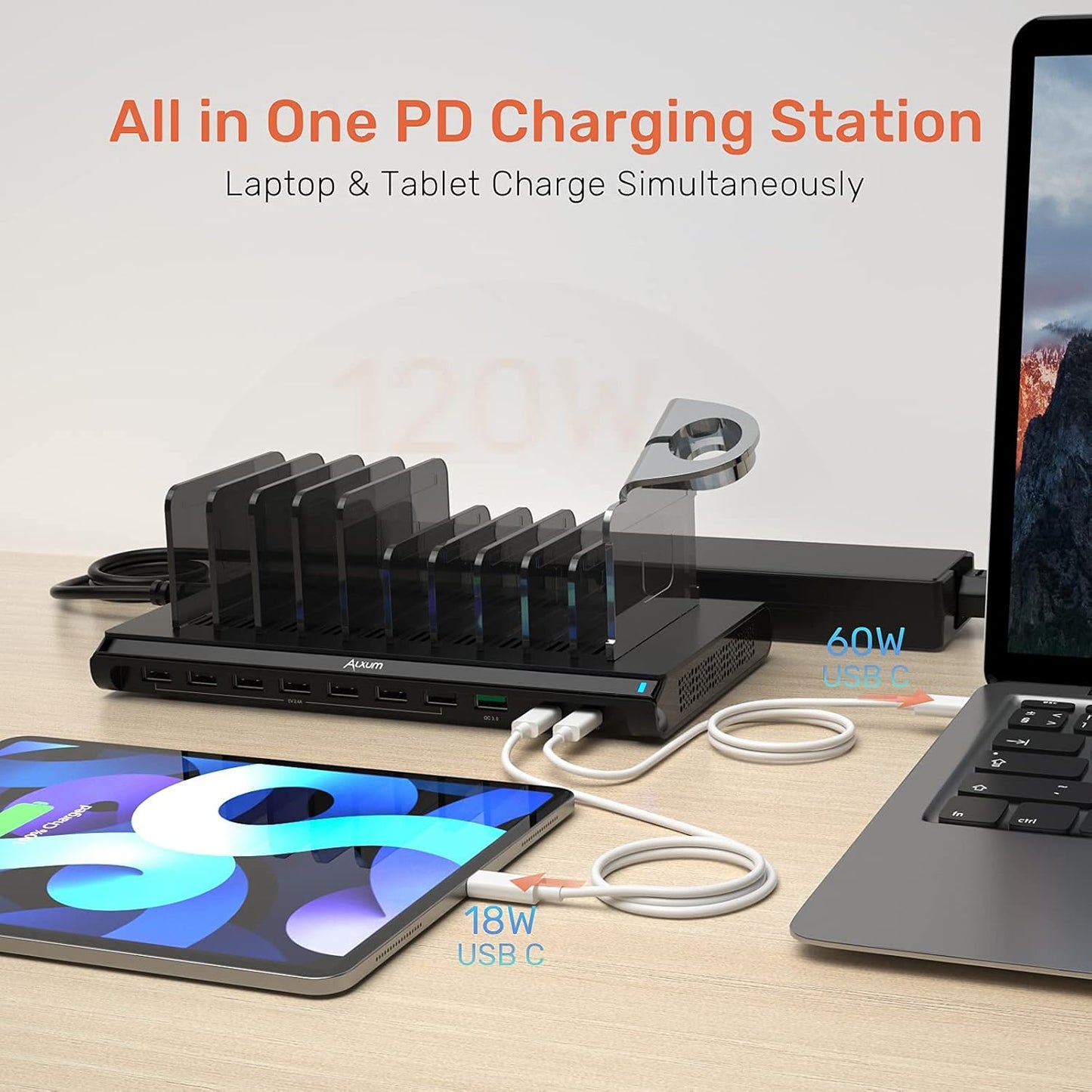 Alxum 120w 10 Port Charging Cradle with 6 USB-A Chargers 2 Qc3.0 2 PD 18W Fast Charging with Watch Stand Suitable for A Wide Range of Devices with Overvoltage, Overcurrent, and Overcharge Protection