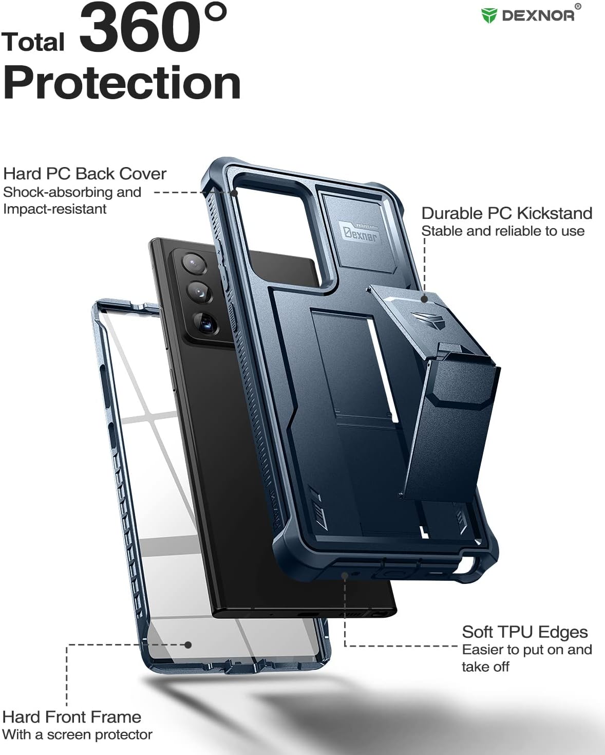 Dexnor for Samsung Galaxy Note 20 Ultra 5G Case, [Built in Screen Protector and Kickstand] Heavy Duty Military Grade Protection Shockproof Protective Cover for Samsung Galaxy Note 20 Ultra (Navy Blue)
