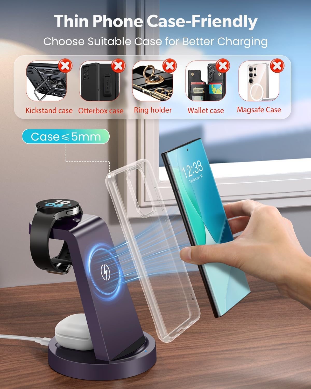 Wireless Charger for Samsung: 3 in 1 Wireless Charging Station for Samsung Galaxy Watch 8 7 6 5 4 3 Pro Classic Galaxy Buds - Charger Dock Stand for S25 S24 Ultra S23 S22 S21 Note Z Fold Android