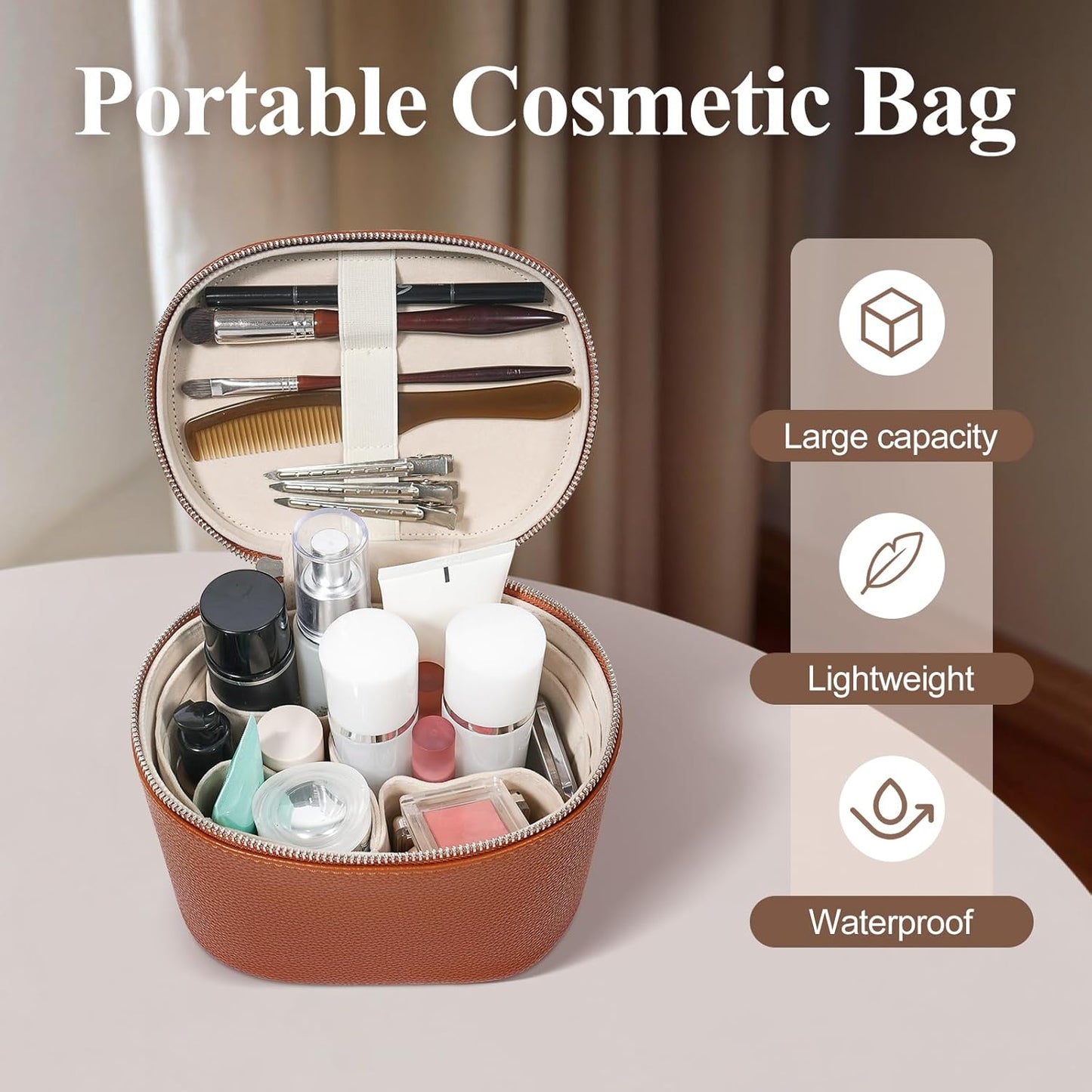 Makeup Bag, Travel Make up Case with Compartments and Handle, Portable Cosmetic Organizer