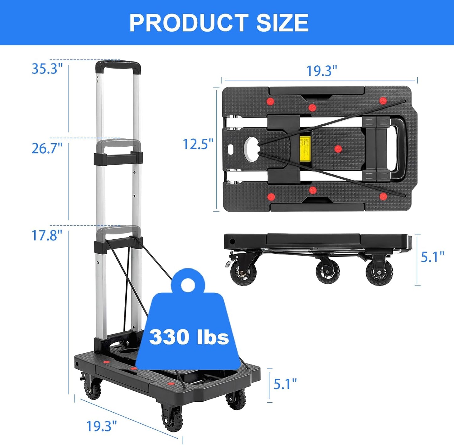 Folding Hand Truck, 330 Lbs Foldable Hand Truck Dolly Cart Heavy Duty Collapsible Trolley Portable Platform Luggage Cart with 5 Wheels & 2 Elastic Ropes for Moving Travel Home Office