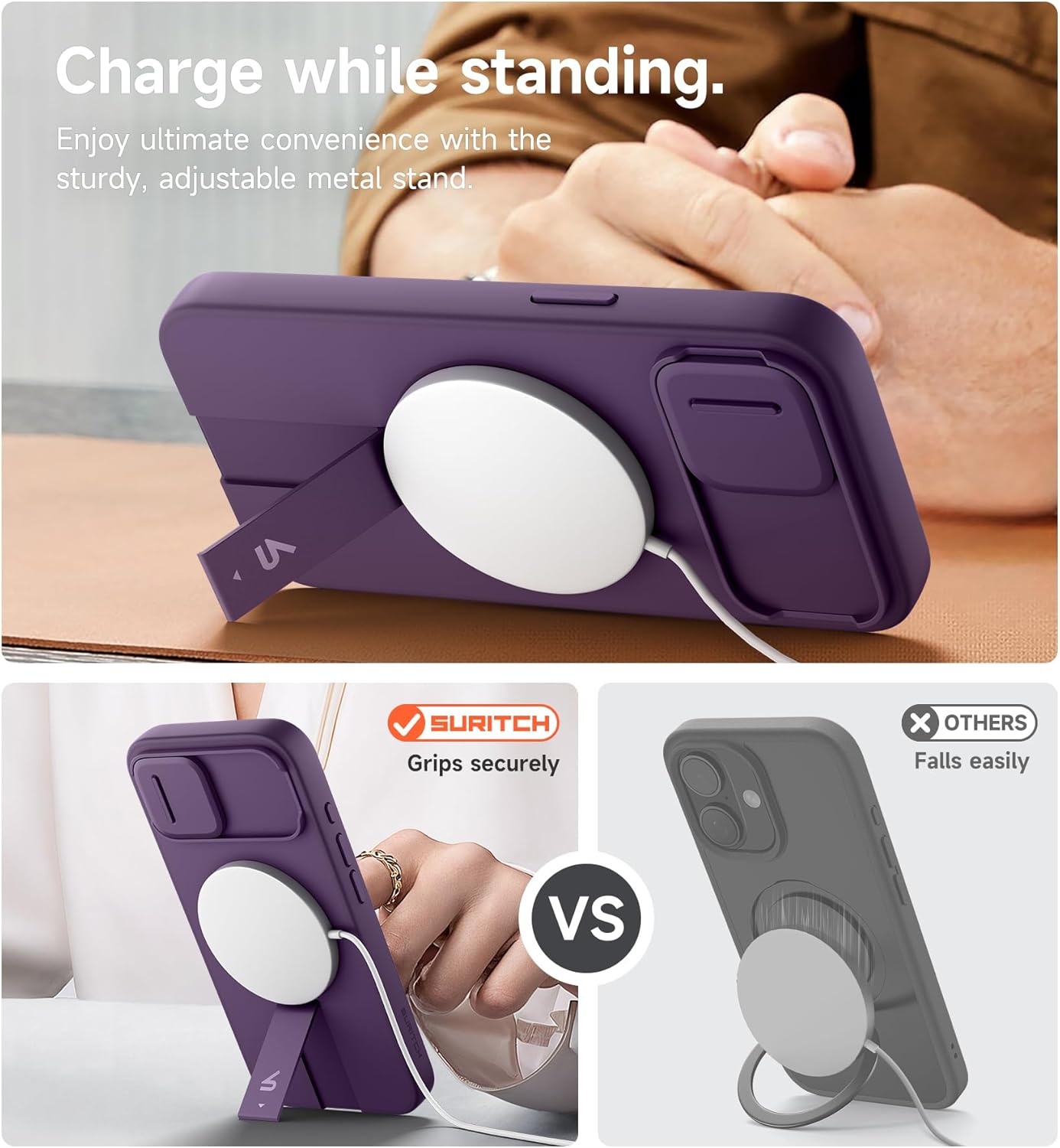 SURITCH for iPhone 16e Case with Magnetic Camera Slide Cover and Adjustable Kickstand, Compatible with MagSafe, Shockproof Bumper Case Slim Protective Cover 6.1 Inch,Dark Purple