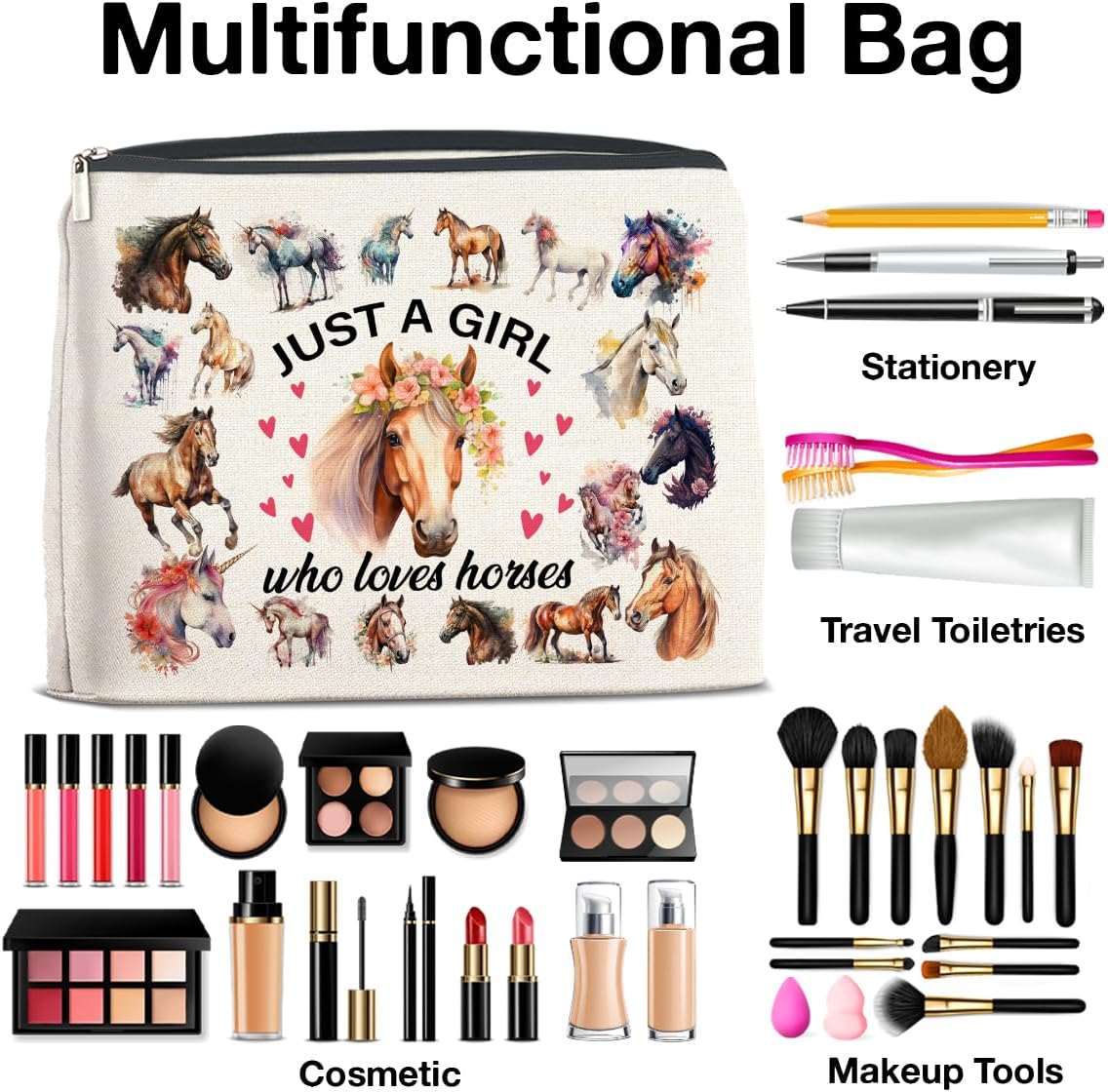 Horses Gifts Makeup Bag Funny Horse Lover Gifts for Girl Women Cowgirl Cosmetic Bag Just a Girl Who Loves Horses Zipper Makeup Pouch Gift