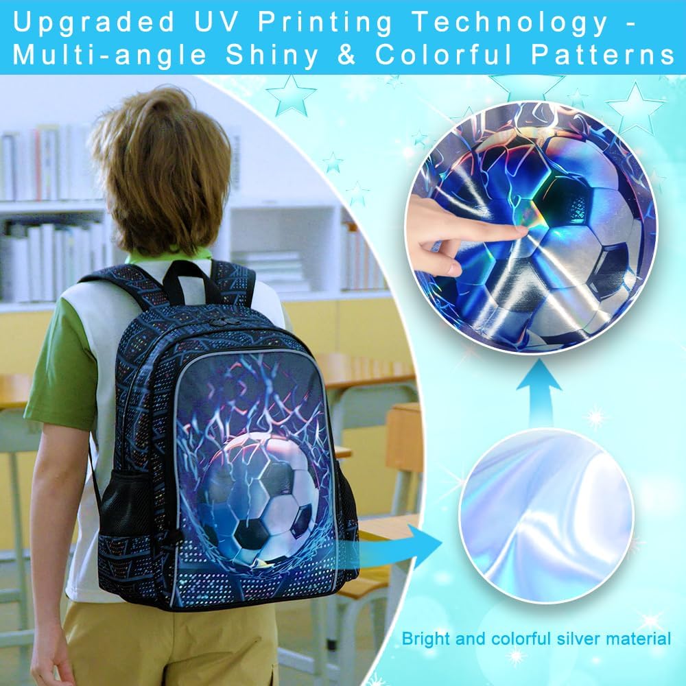 3Pcs Soccer Backpack for Boys, 17" Kids School Bookbag with Lunch Box, Football Backpacks Set for