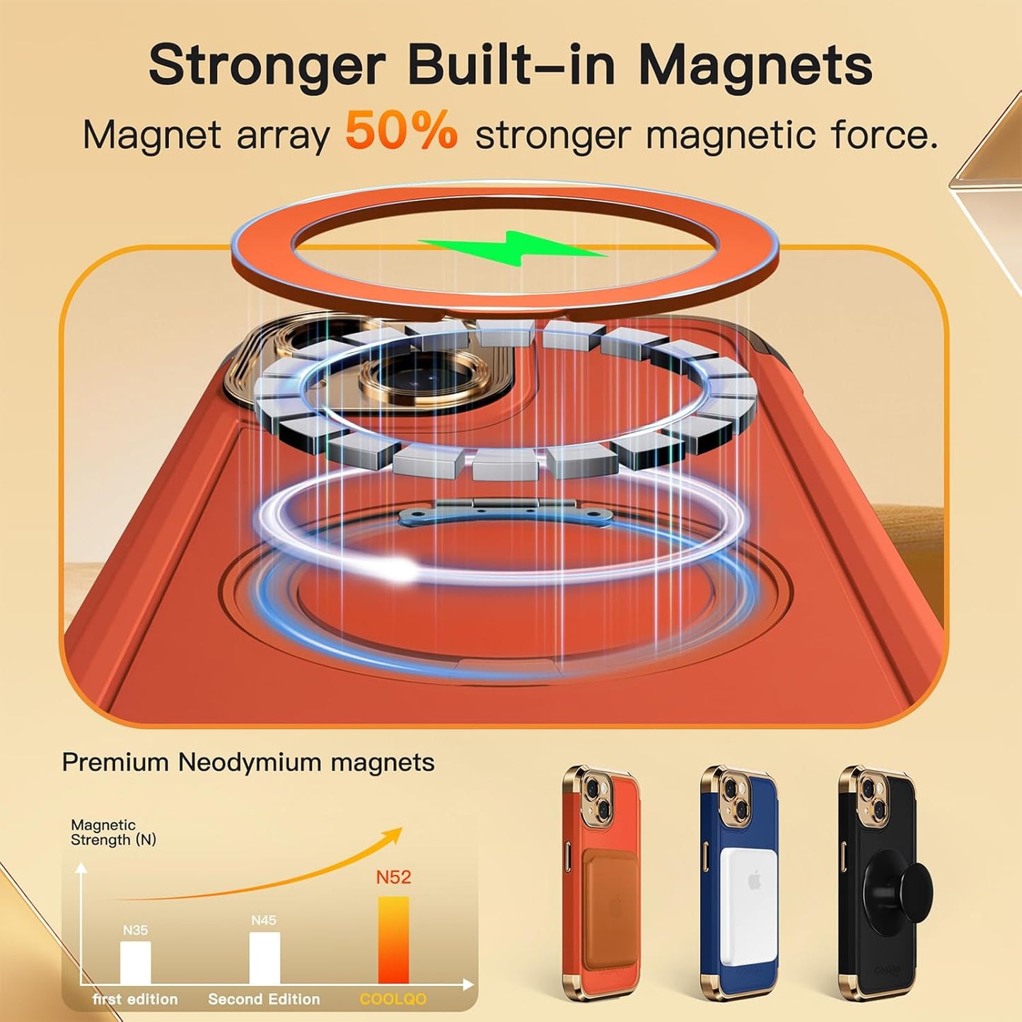 COOLQO for iPhone 15 Plus Case 6.7'' Upgraded 360° Spin Magnetic Stand [Compatible with Magsafe][Military Protection] Shockproof Protective Phone Holder Cover for iPhone 15 Plus, Orange Gold
