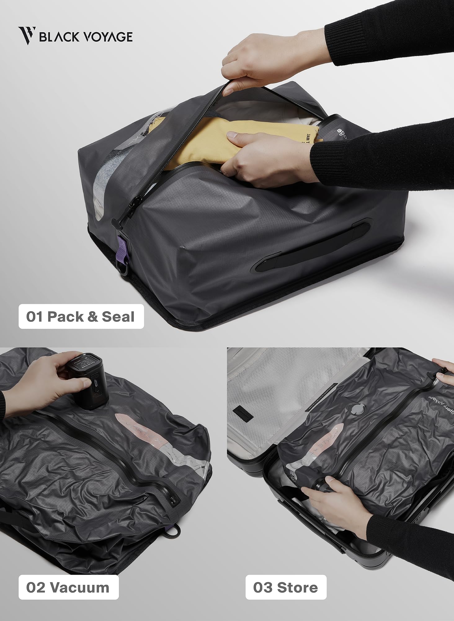 Black Voyage Reusable Vacuum Compression Travel Bag for Carry-On Suitcase and Backpack, Recycled