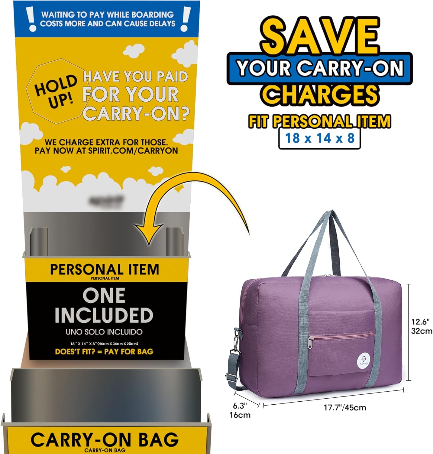 For Spirit Airlines Personal Item Bag 18x14x8 Foldable Travel Duffel Bag Tote Carry on Luggage