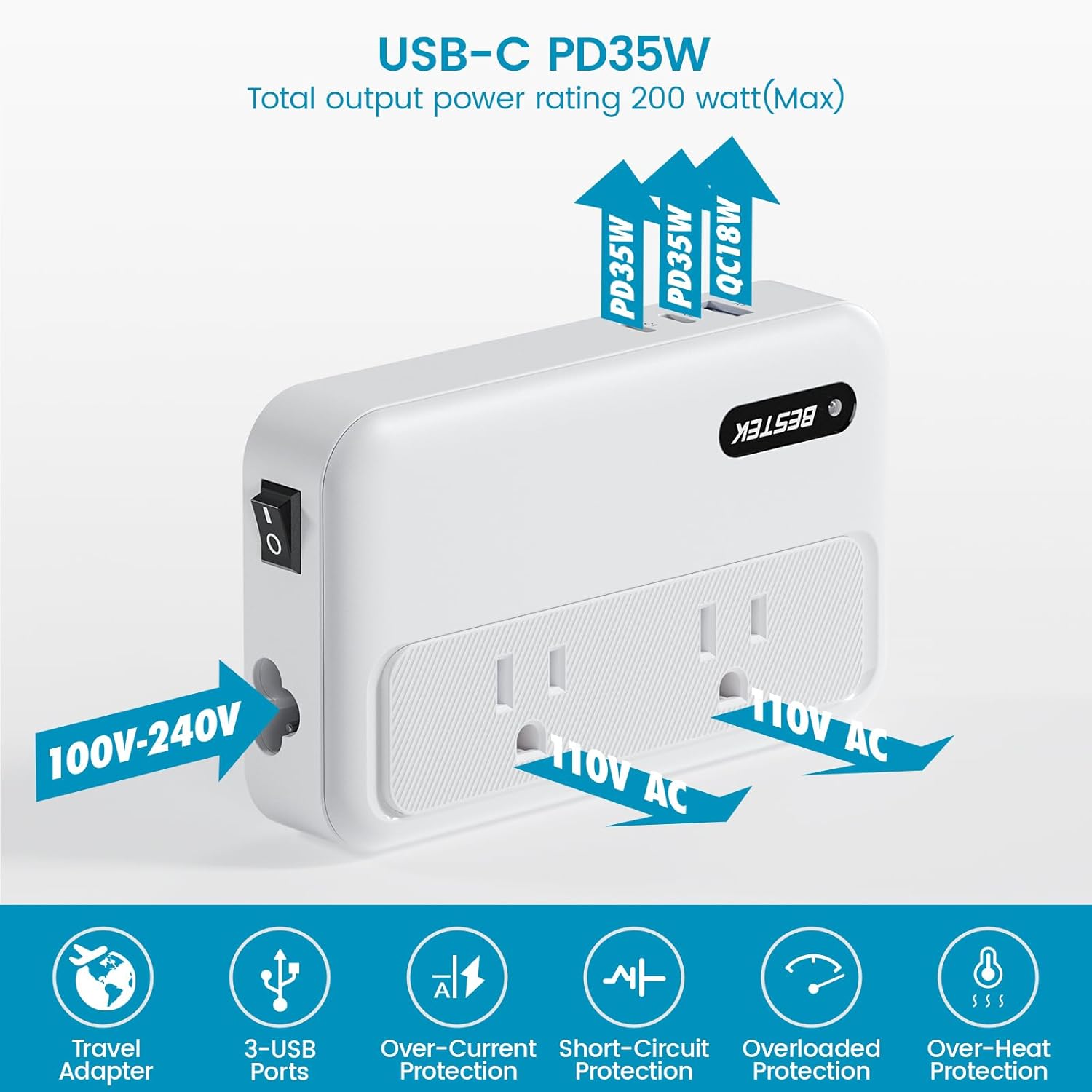 BESTEK 220V to 110V Converter with USB-C 35W, Universal Travel Adapter, US to Europe Power