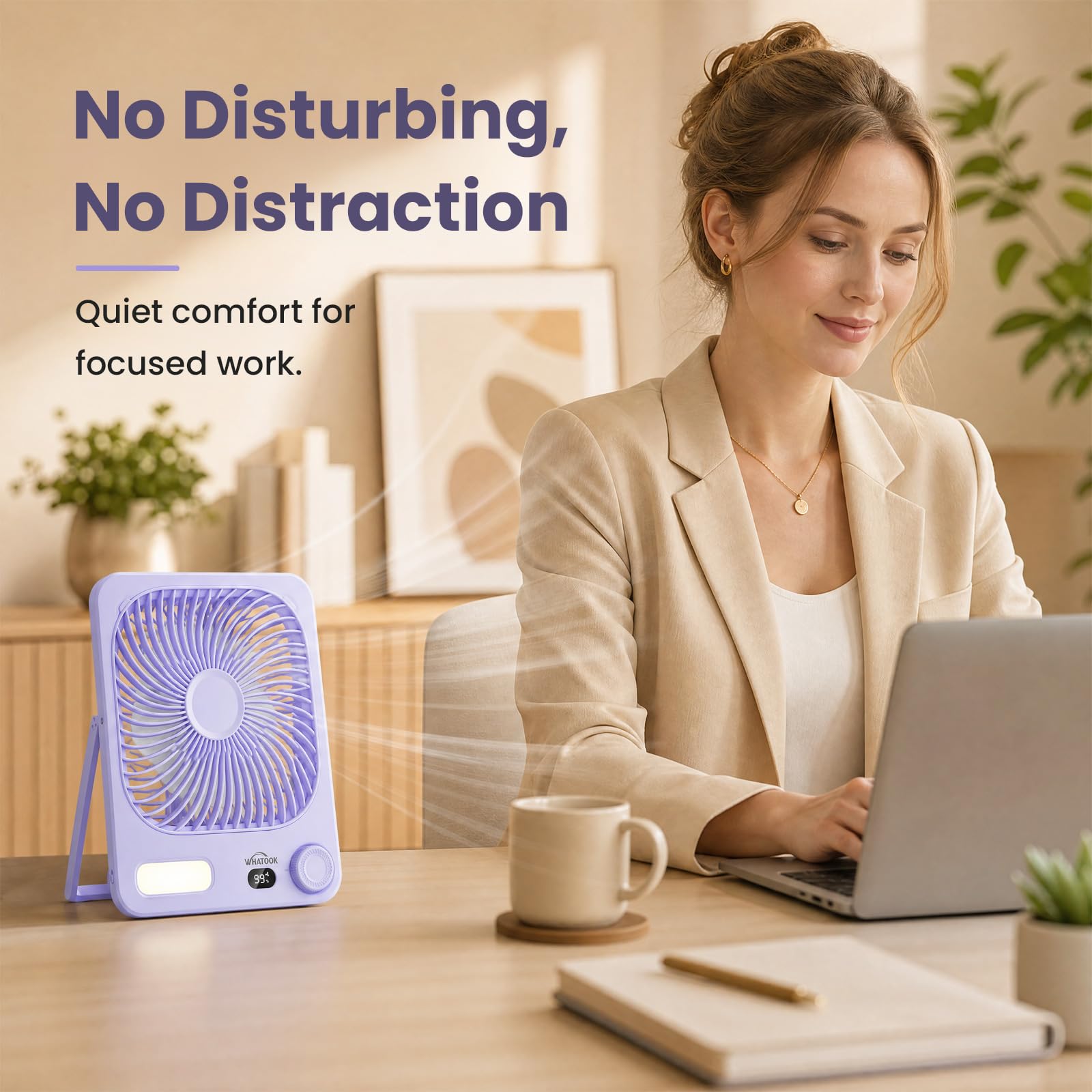 WHATOOK 10000mAh Battery Powered Fan Up to 40H Runtime, Ultra-Slim 8-Inch Portable Travel Fan with