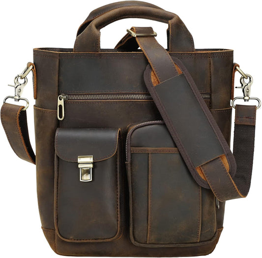 TIDING Full Grain Leather Messenger Shoulder Bag for Men Vintage Crossbody Bag Work Business Travel Handbag fits 11" Tablet