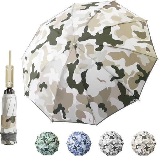Large Windproof Travel Umbrella, Portable Reverse Folding Rain Umbrella for Car,Women and Men, Durable, Compact Inverted Design with Camouflage Canopy, Fits Backpack, 41.5/13 Inch, Automatic
