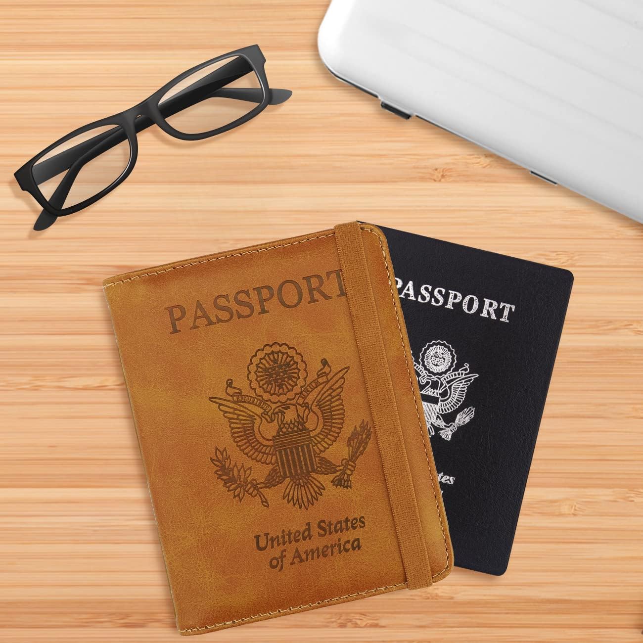 WALNEW Passport Holder for Travel, RFID Passport Cover Wallet for Women Men, PU Leather Passport Book Card Holder Case with Pen, Travelling Essentials for Flying (Elastic Band Closure, AA-Brown+Blue)