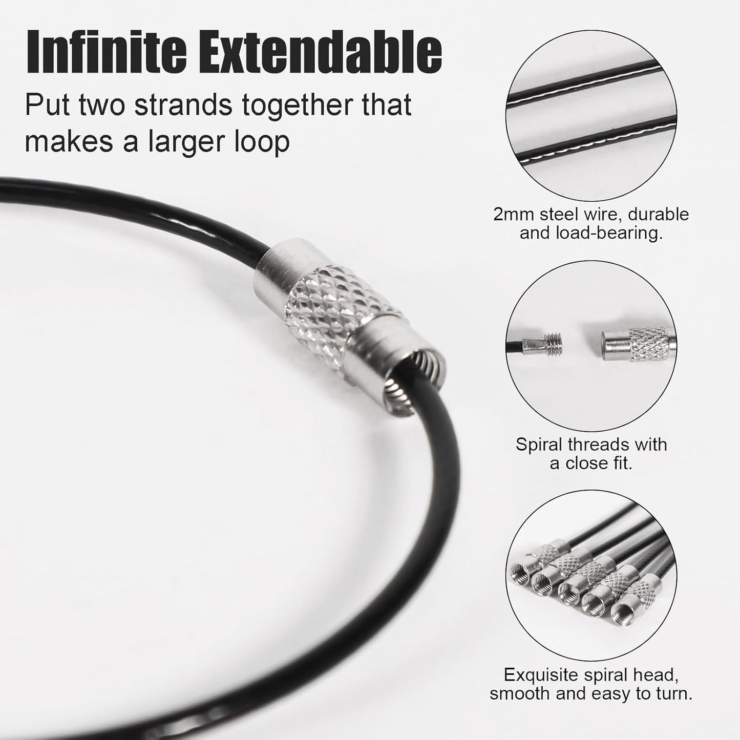 20pcs Stainless Steel Wire Keychains Aircraft Cable Cable Key Ring for Hanging ID Tags or Luggage Tags,6.3 inch 2mm Black
