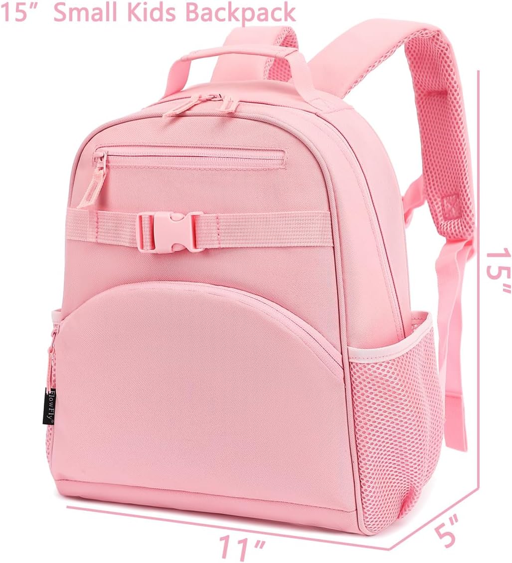 FlowFly Kids Backpack for Toddler Boys Girls, Simple Lightweight Bookbag for Daycare Kindergarten Elementary School Travel, Small Modern Bag (Medium 15''), Pink