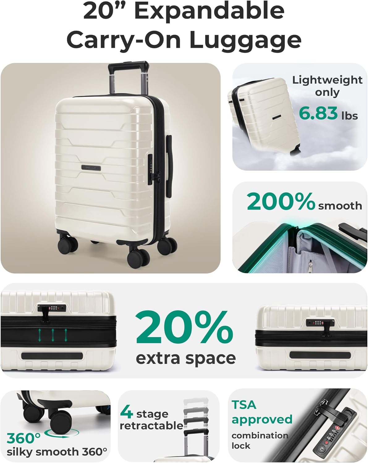 BAGSMART Carry On Luggage 22x14x9 Airline Approved with Spinner Wheels,Lightweight 20 Inch Luggage with TSA Lock,Expandable Hard Shell Carry On Suitcases for Men Women,White
