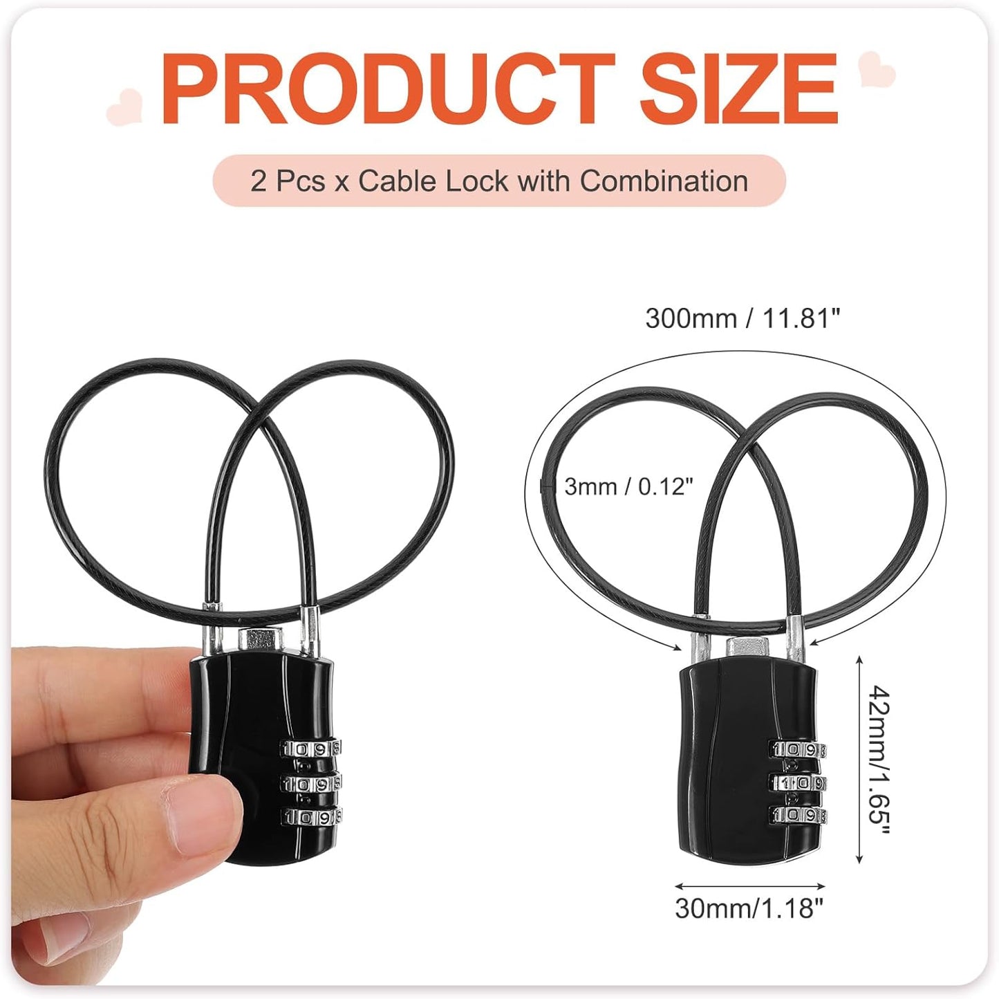 MECCANIXITY 2 Pcs Luggage Travel Lock, 3 Digit Cable Combination Lock 1-3/16" Width Body with 12" Long Cable for Suitcase Bag Cabinets Small Fences Gym, Black