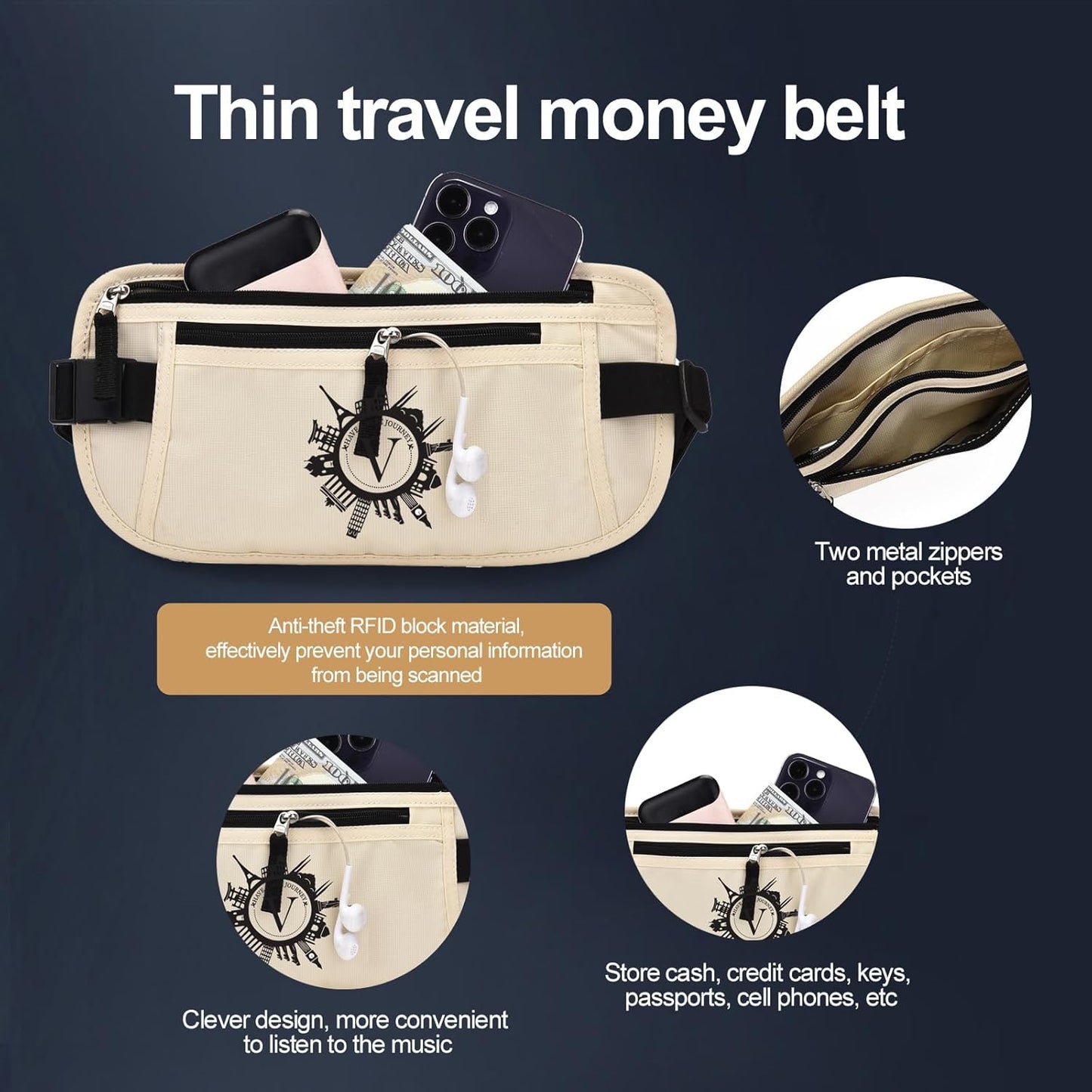 DAITET Personalized Initial Money Belt,RFID Blocking Travel Secure Bag,Monogrammed Gift for Women, Mom and Travel enthusiasts(V)