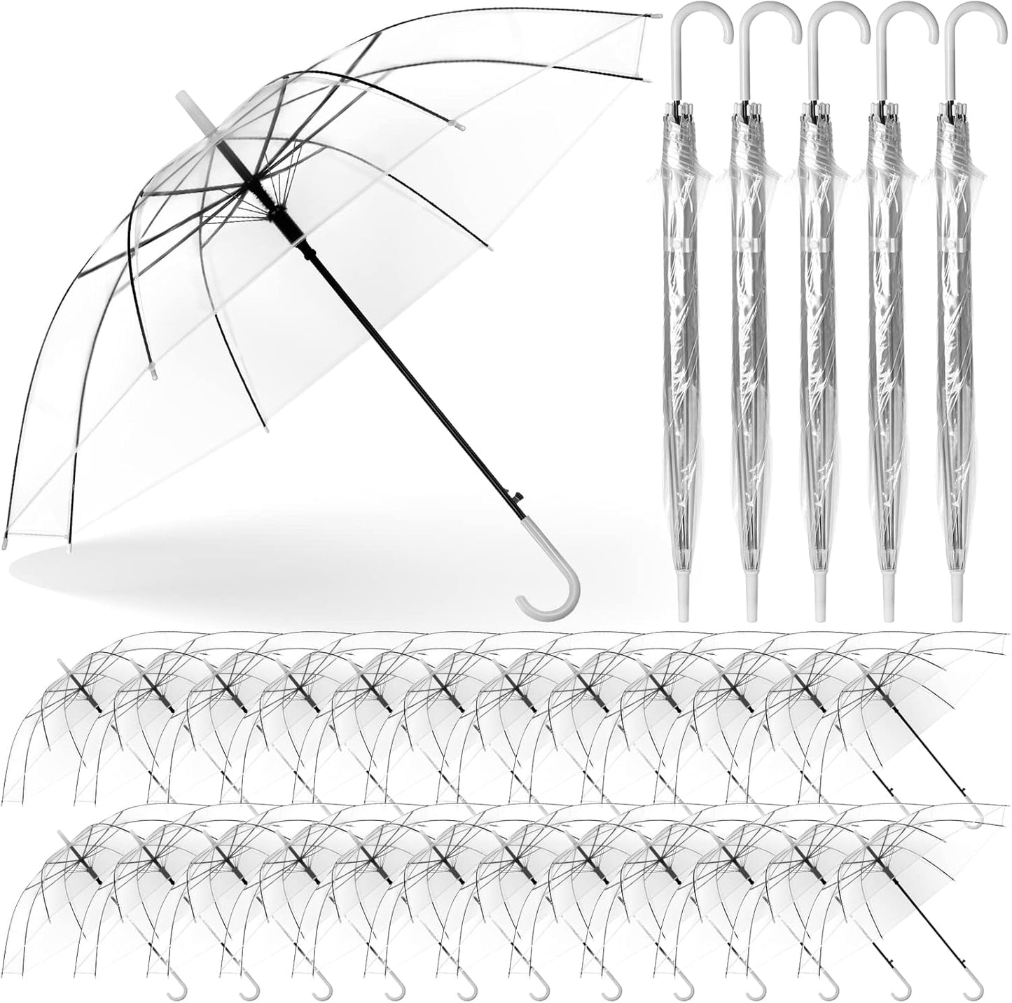 Reginary 30 Pieces Wedding Umbrellas Bulk Auto Open Stick Umbrellas with White European J Hook Handle Windproof Large Canopy Umbrella for Outdoor Wedding Bride Groom Photography Golf