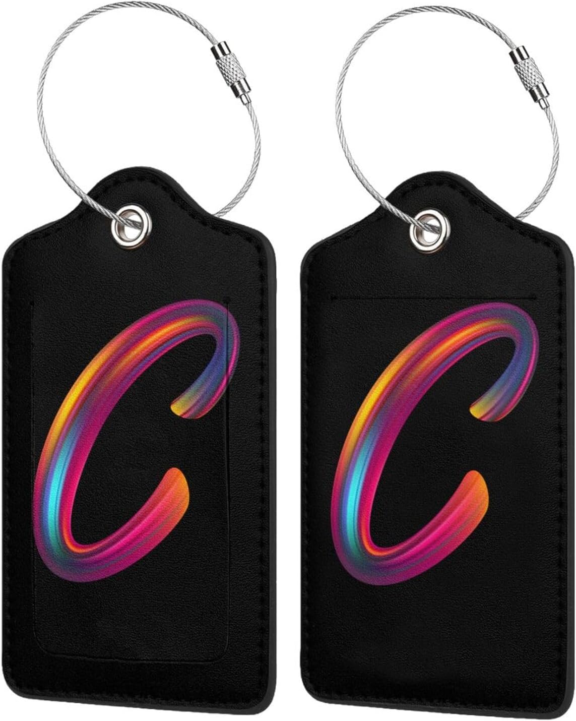 2 Pack Initial Luggage Tags for Suitcase, Colorful Letter Design Cruise Name Bag Tags, Novelty Baggage Identifiers with Full Privacy Cover, Leather ID Label for Women Men Kids Travel, Rainbow Letter C