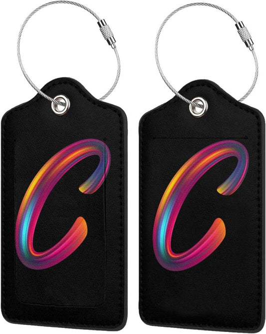 2 Pack Initial Luggage Tags for Suitcase, Colorful Letter Design Cruise Name Bag Tags, Novelty Baggage Identifiers with Full Privacy Cover, Leather ID Label for Women Men Kids Travel, Rainbow Letter C