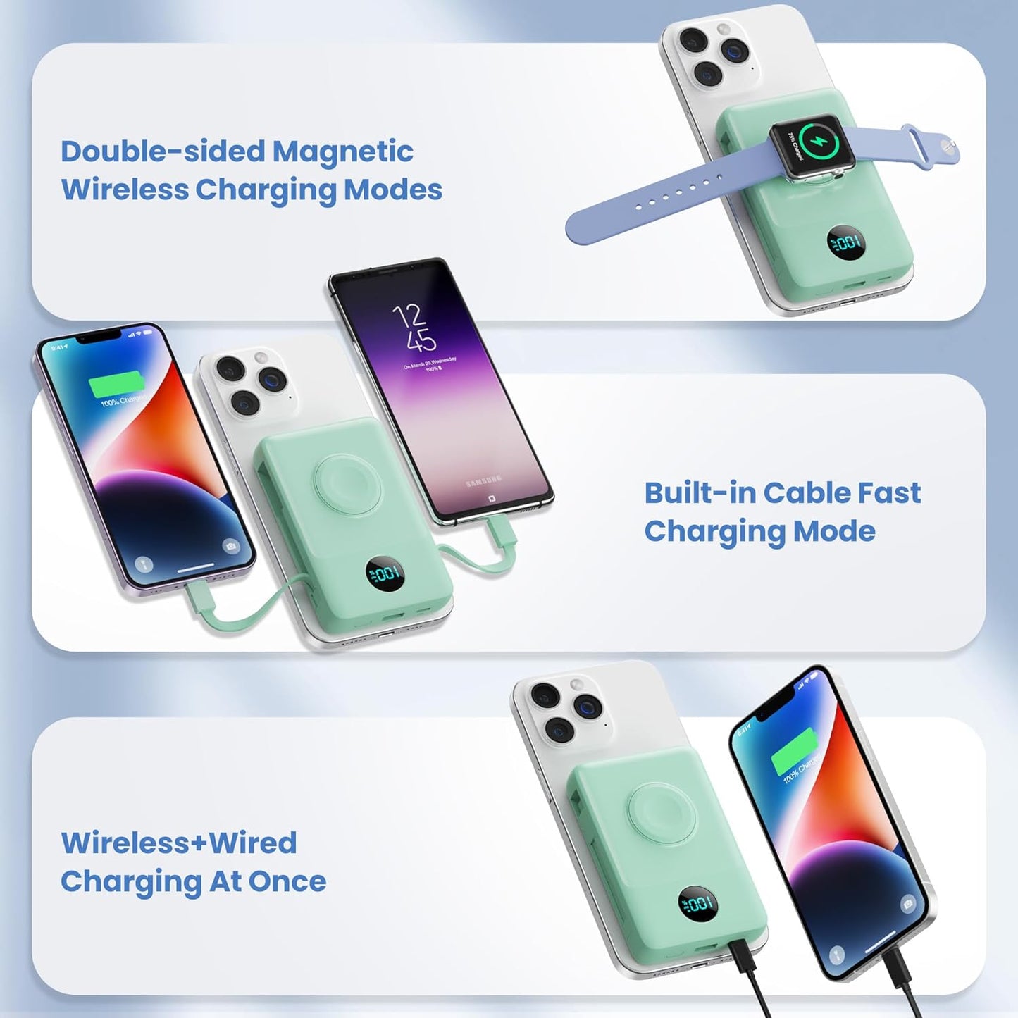 Magnetic Portable Charger for iPhone with Built-in Cables, 6-in-1 10800mAh Power Bank with iWatch Charger & LCD Display,25W Fast Charging Battery Pack for iPhone 17/16/15/14/13/12,Apple Watch (Green)