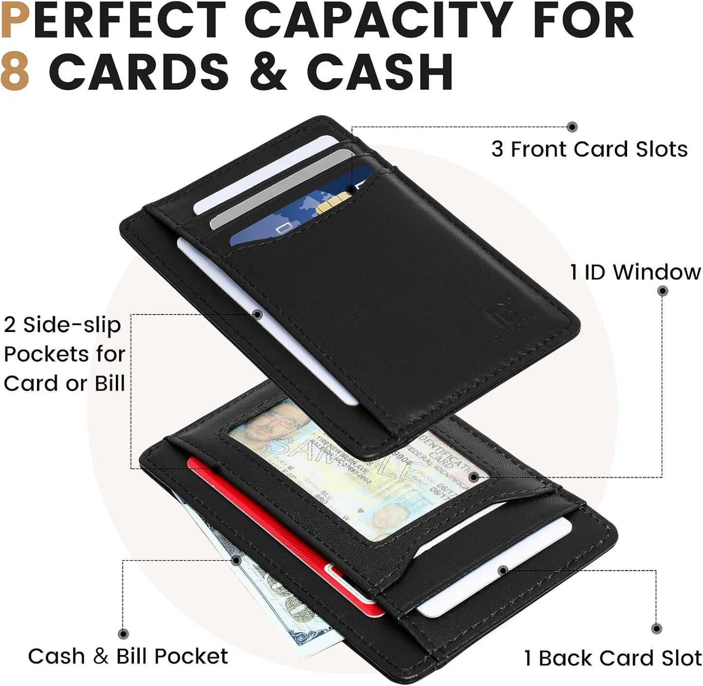 Pomelo Best Top Grain Genuine Leather Wallet for Men and Women, Slim Minimalist Front Pocket RFID Blocking Card Holder for Travel, Gifts, Black