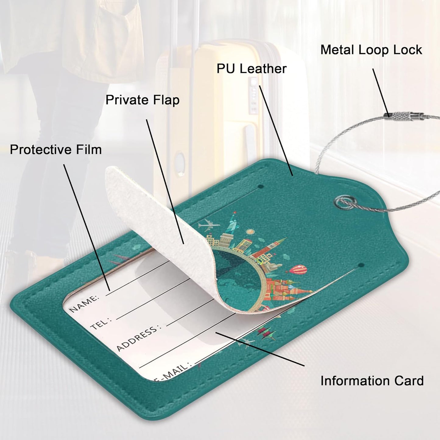 Luggage Tag,Go Travel Flight Views Luggage Tags for Suitcases with Privacy Name Id Card PU Leather Luggage Tags for Women/Men Travel