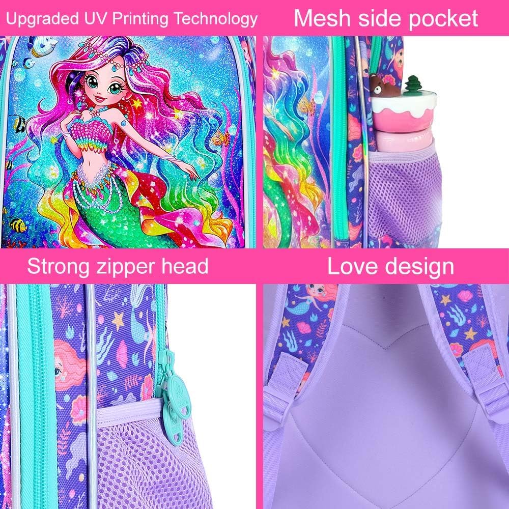 3PCS Girls Mermaid Backpack, Water Resistant Kids Bookbag Set with Lunch Box，Cute Elementary School