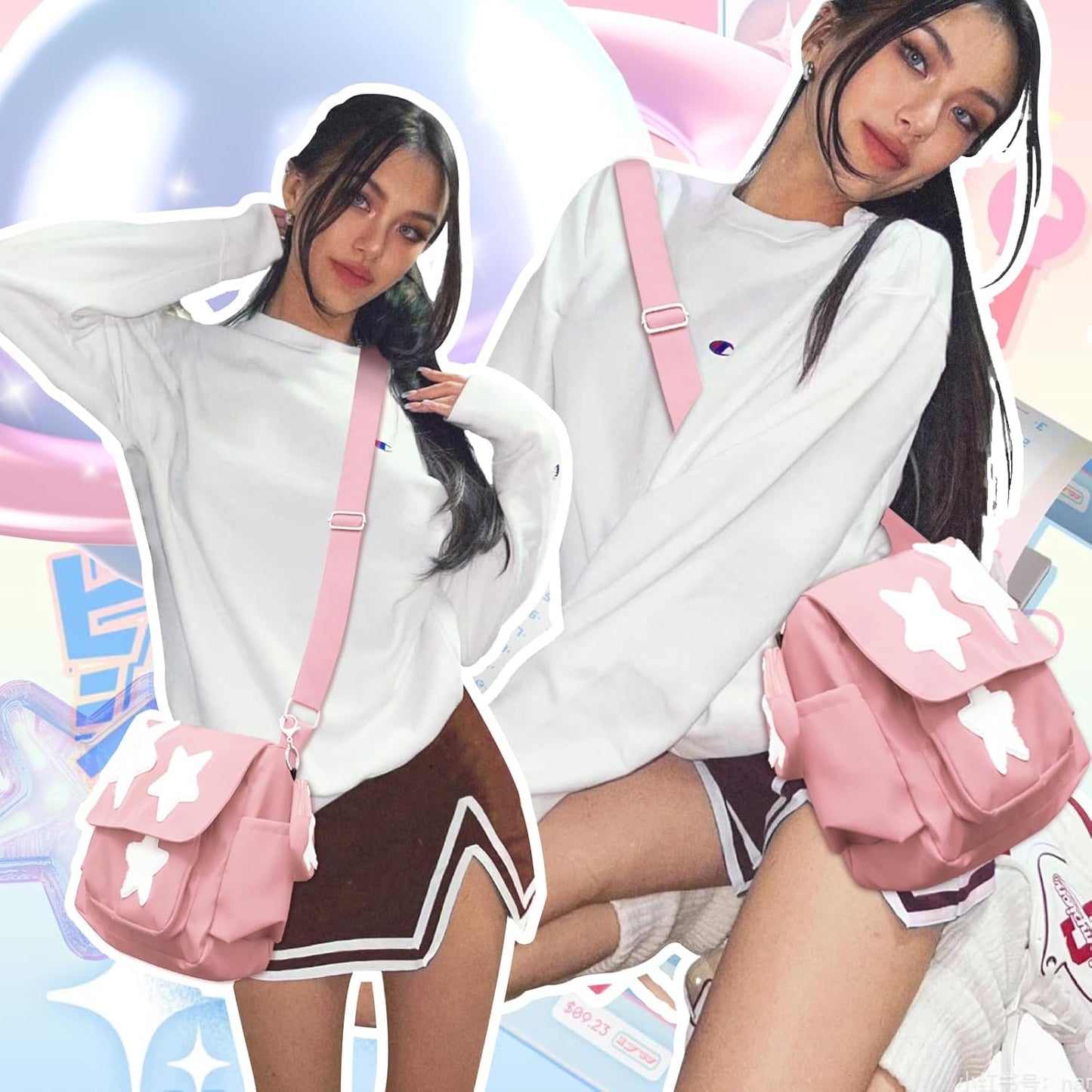 Y2K Messenger Bag for Women, Lightweight Spacious Stars Tote Purse with Cute Coin Purse, Crossbody Shoulder Bag
