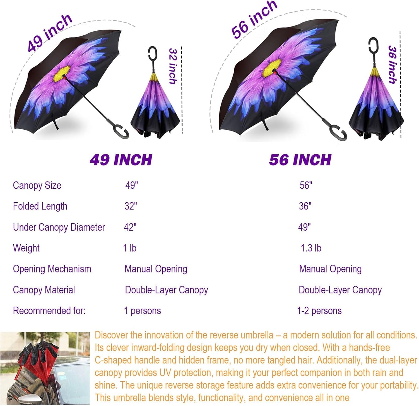 SIEPASA 49/56 Inch Inverted Reverse Upside Down Umbrella, Extra Large Double Canopy Vented Windproof Waterproof Stick Golf Umbrellas with C-shape Handle.